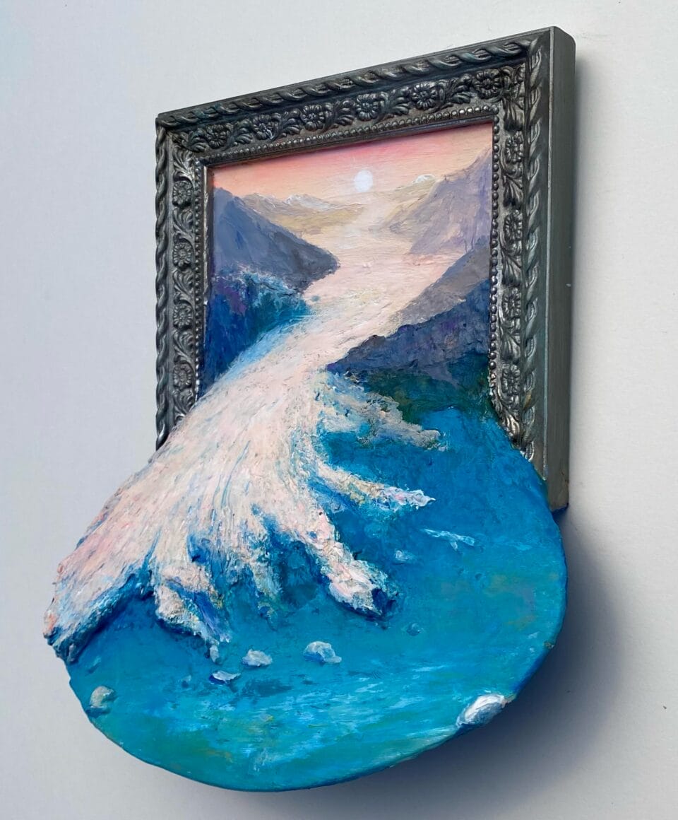 a miniature painting depicting a landscape spilling out of the ornate frame