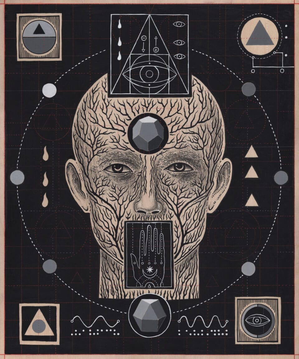 a black-and-white composition comprising a human head surrounded by esoteric symbols, prismatic gradients, astronomical forms, and other geometric shapes