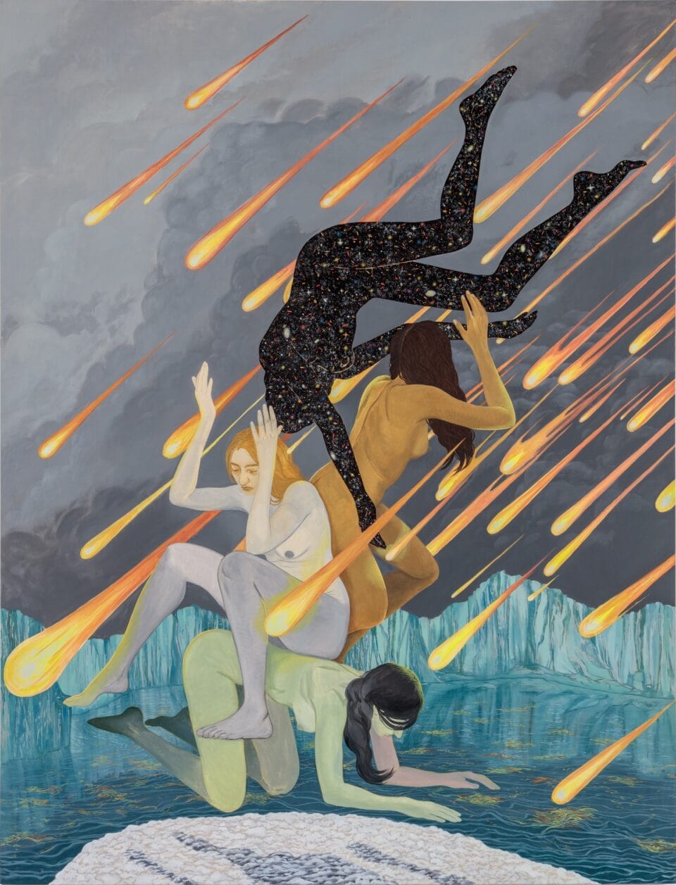 a dreamlike painting of four nude female figures, all with different patterns or colors on their bodies, tumbling over one another in an icy landscape as flames fall from the sky