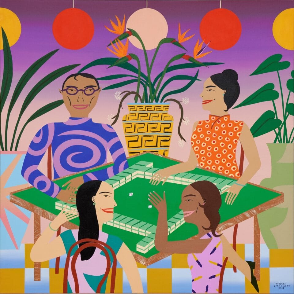 a colorful painting of four people seated at a green table against a purple gradient background