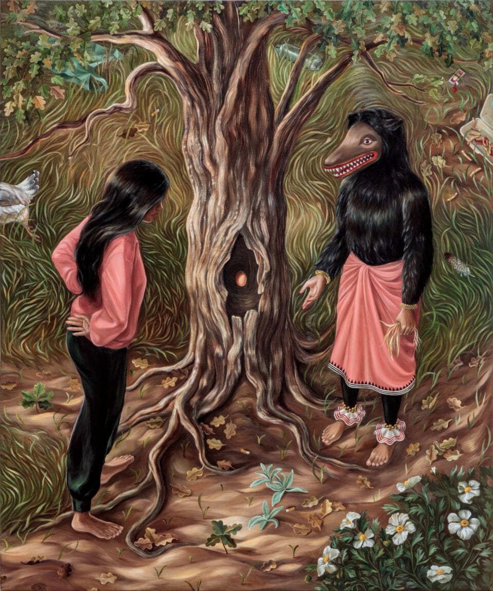 a surreal painting of two figures, one a hybrid creature of some kind, standing on either side of a tree with an egg inside of it