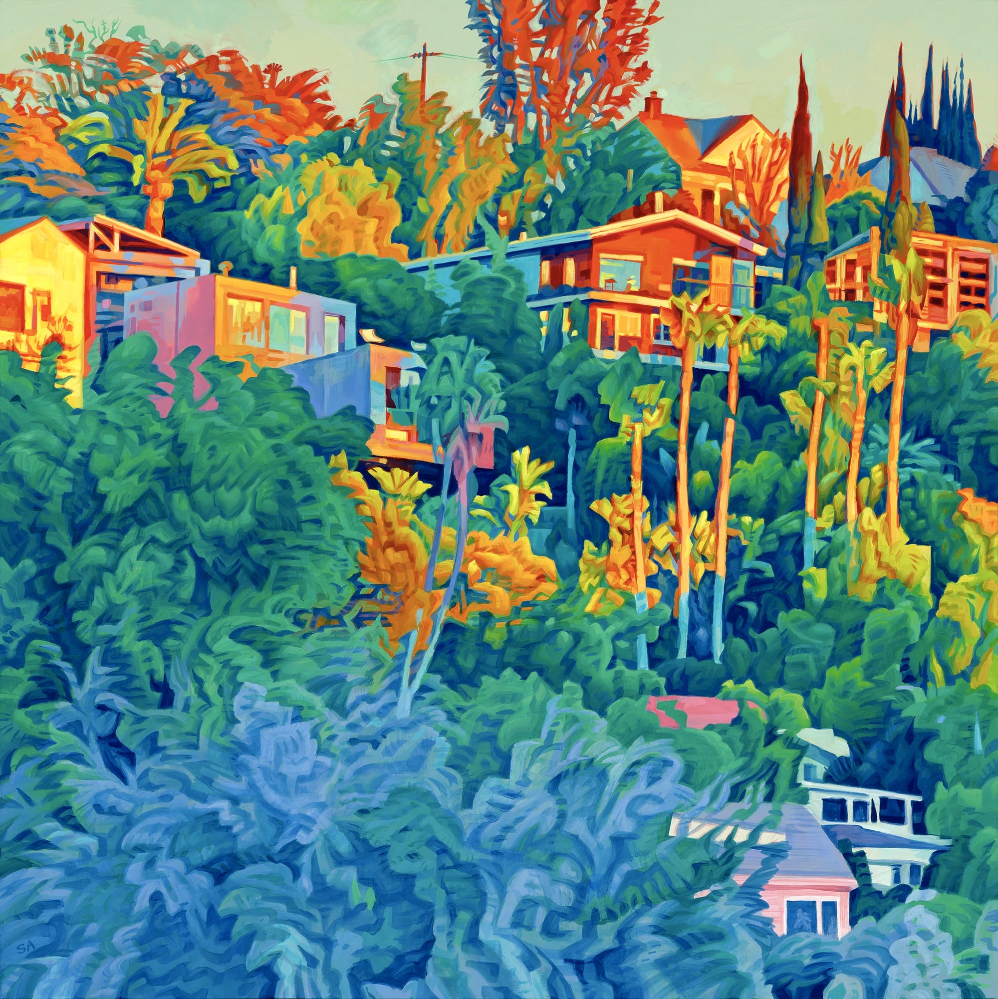an oil painting of a Los Angeles hillside at sunset