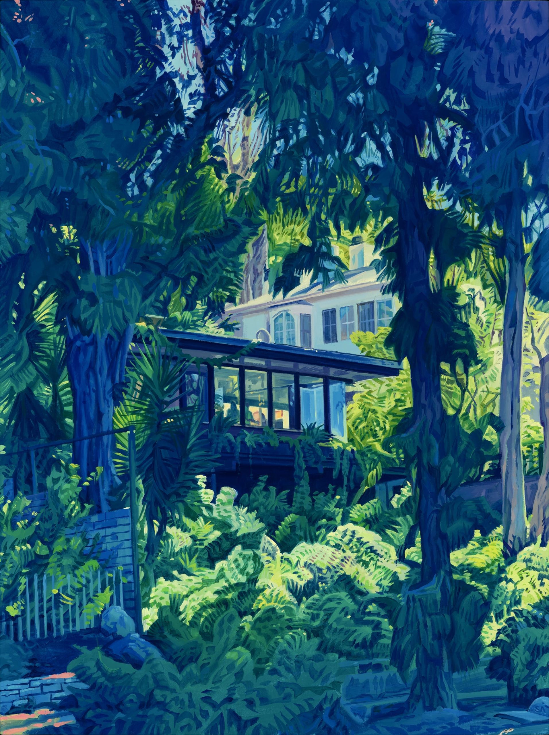 an oil painting of a Los Angeles home partially concealed by trees and greenery