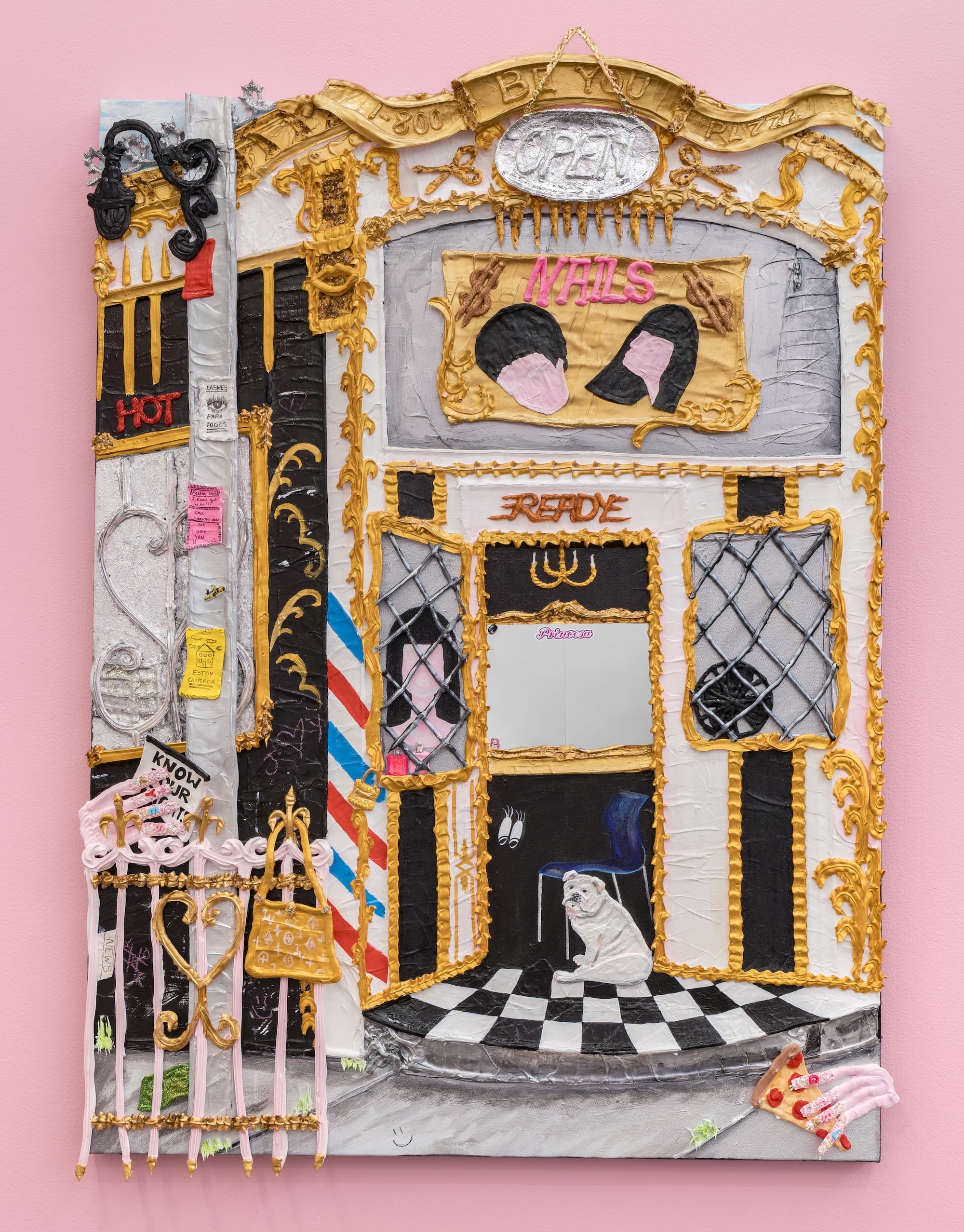 a mixed-media painting with numerous compartments and patterns