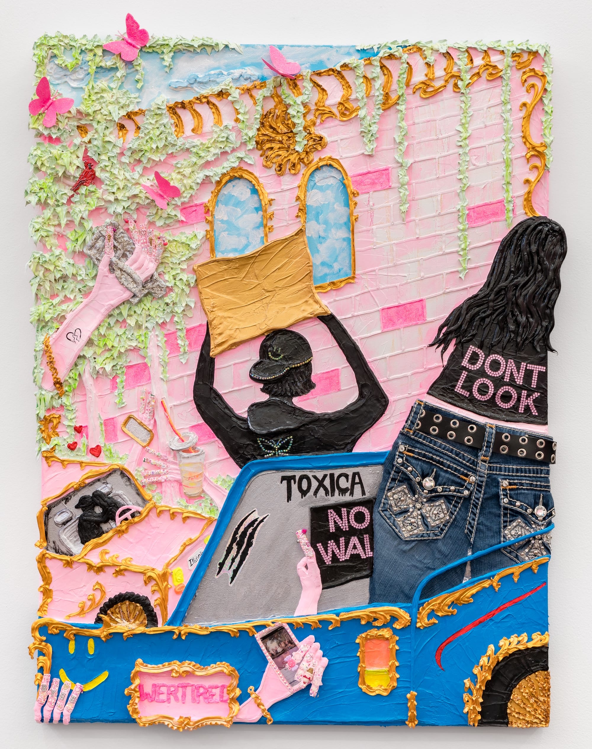 a mixed-media painting with figures and pink architecture