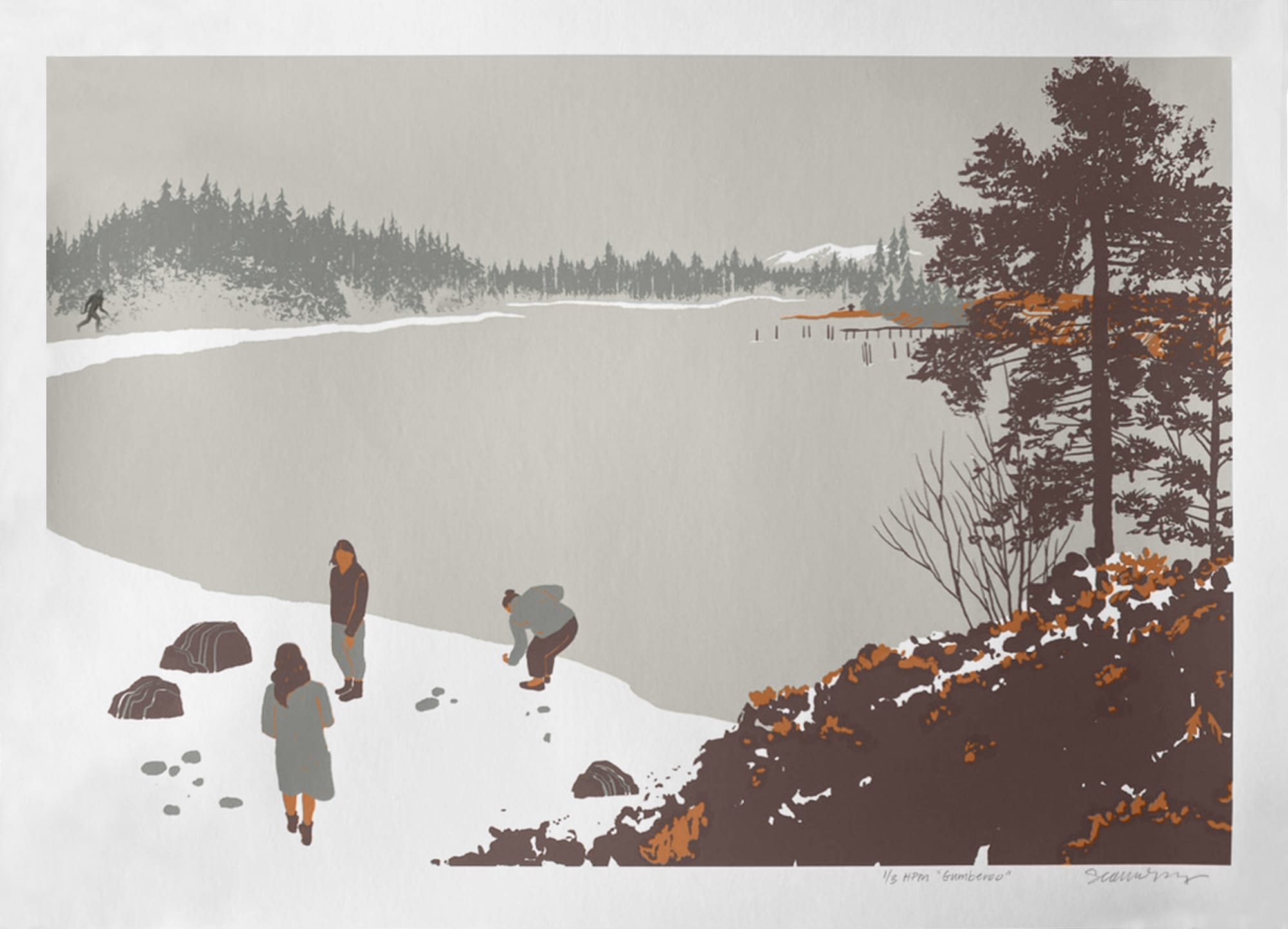 a lake landscape in grays and brown with three people in the foreground and a furry creature in the background