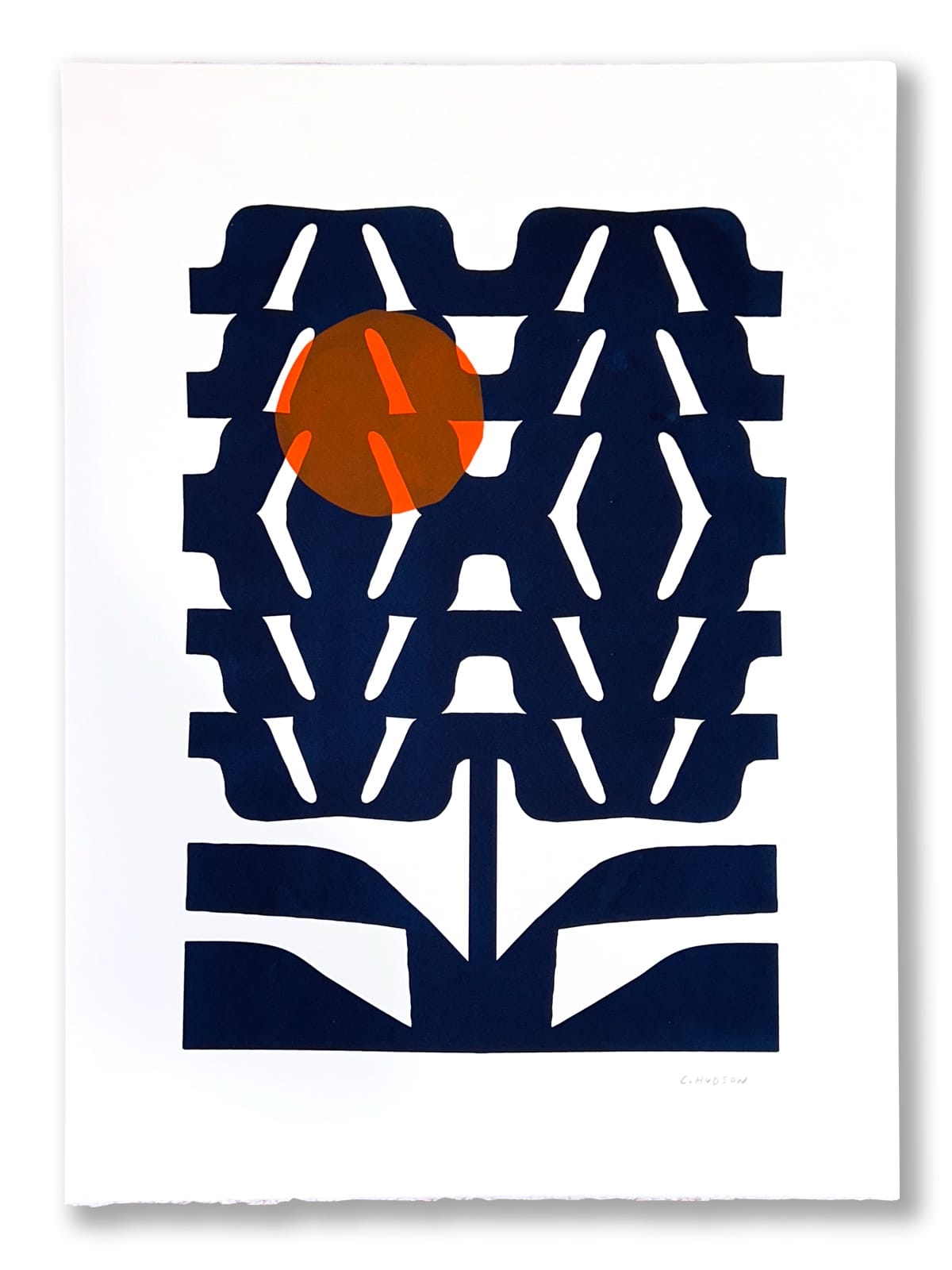a blue abstract plant with one large orange sphere