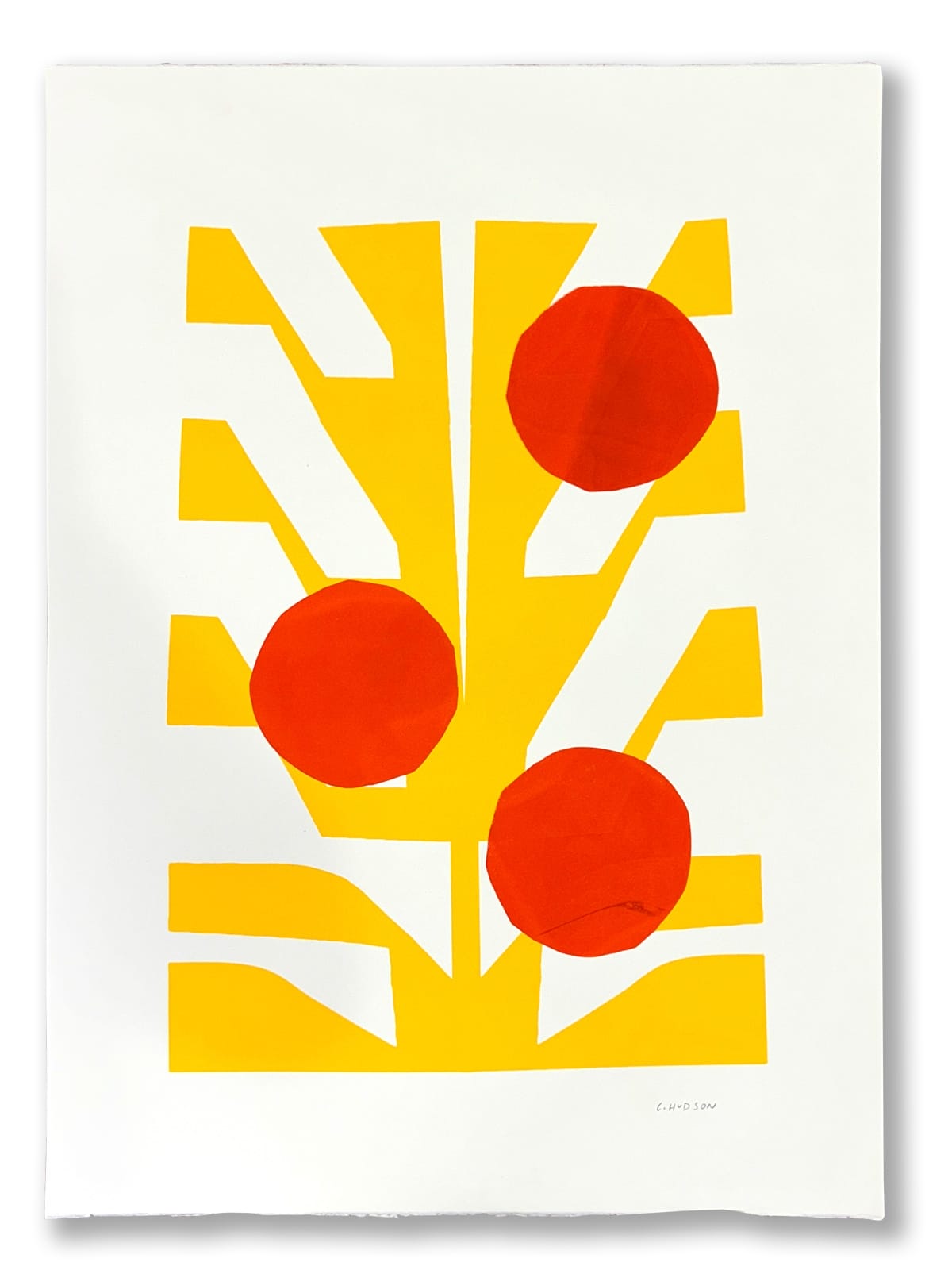 a yellow abstract plant with three large orange spheres