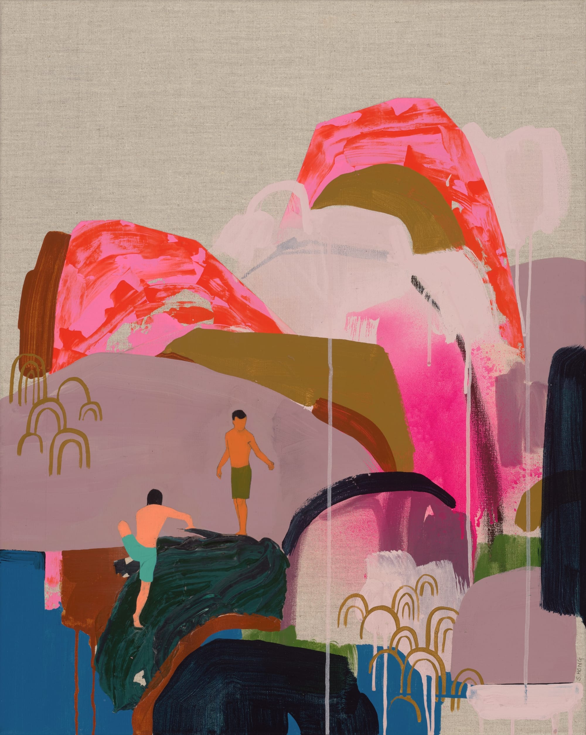 two faceless figures climb on an abstract landscape