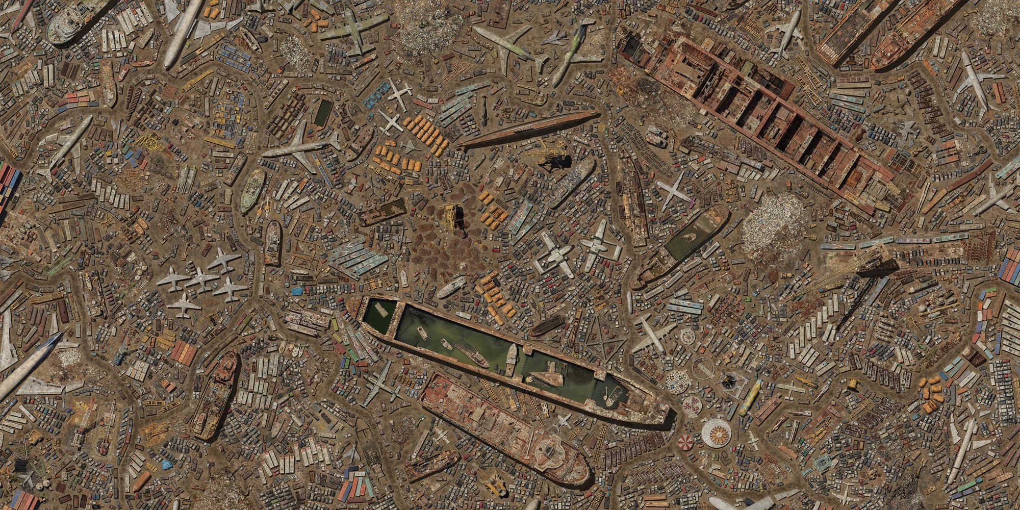an aerial view of a junkyard