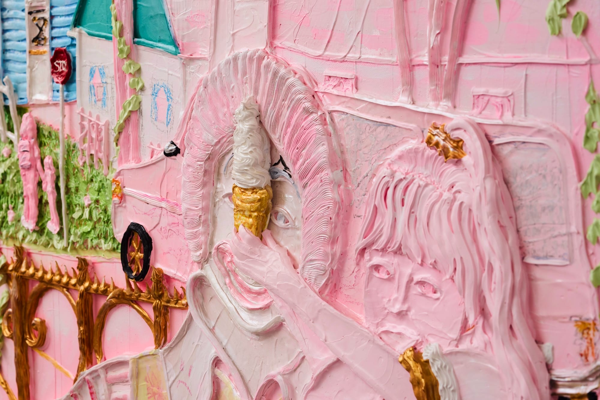 a detail of a pink painting by Yvette Mayorga with thick application of paint