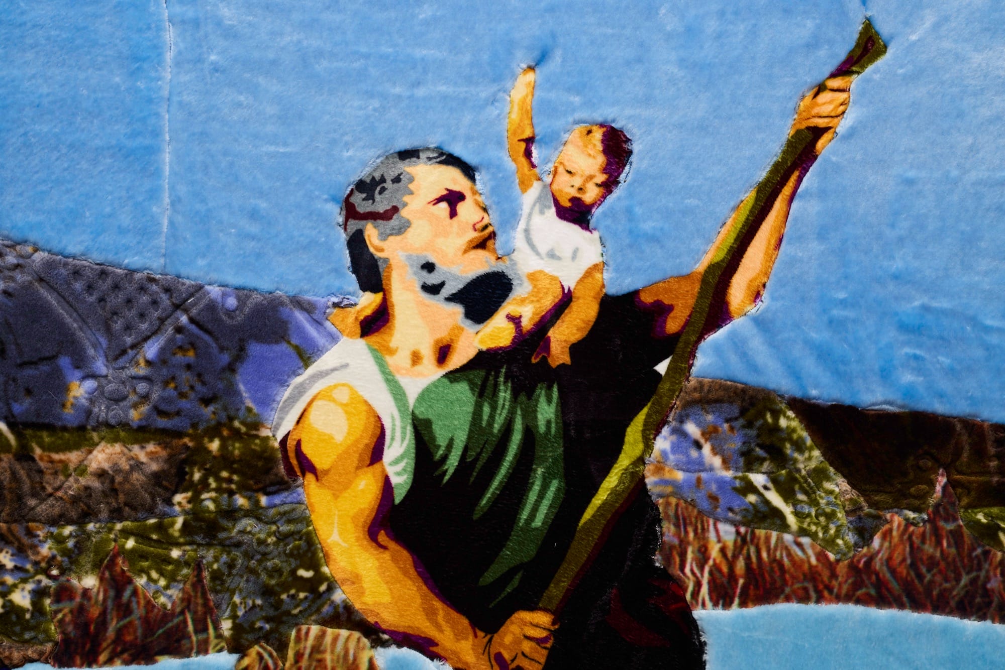 a detail of an artwork featuring a man holding a baby