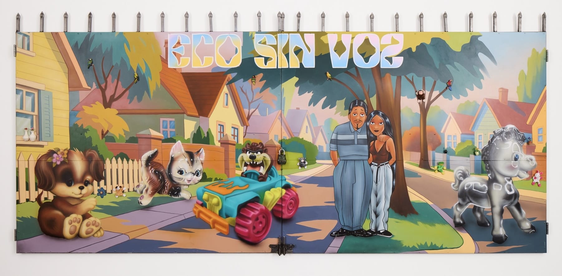 a long, horizontal painting featuring two figures standing on a suburban street surrounded by cartoonish animals