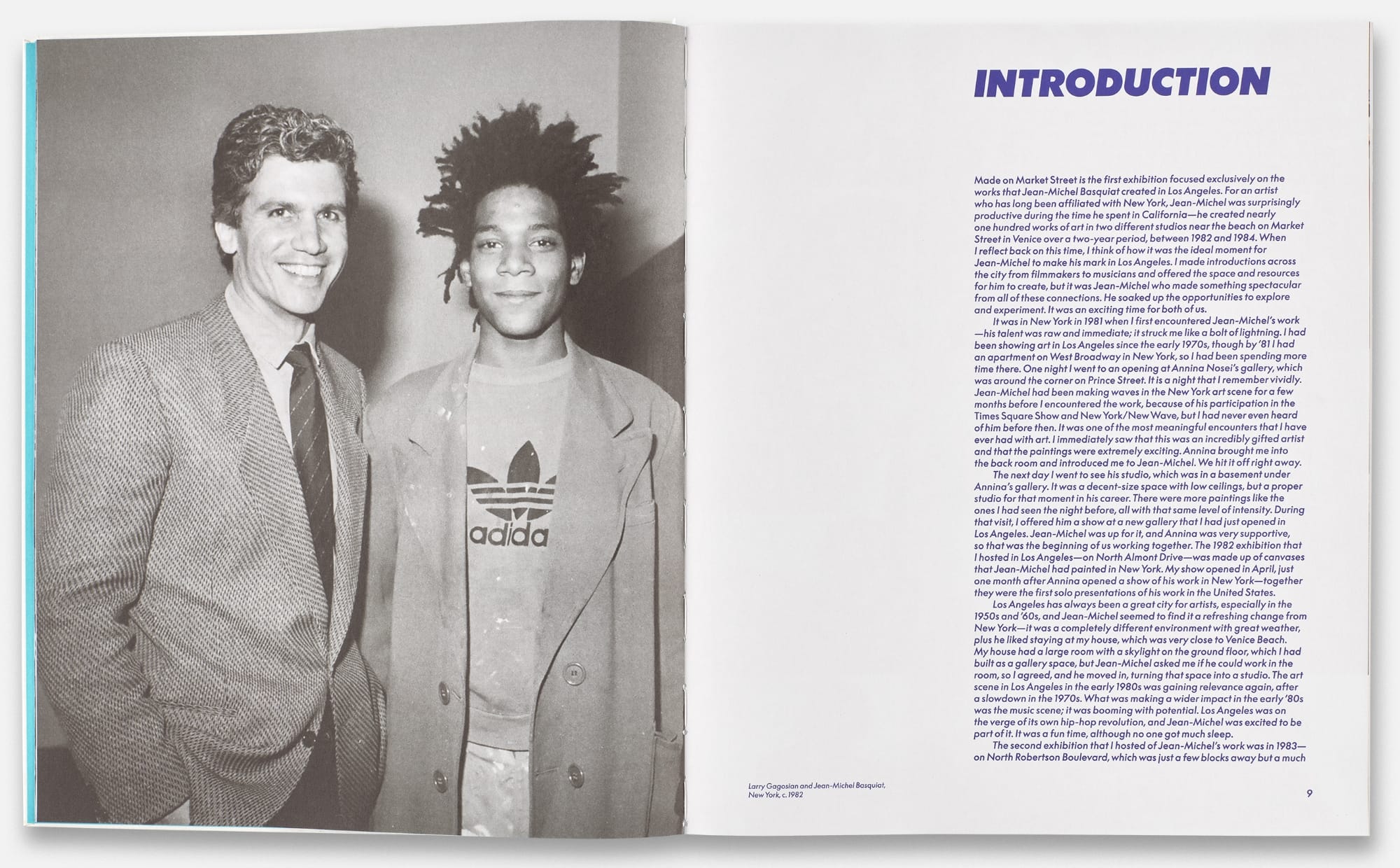 an open book spread with a black and white photo on the left and text on the right