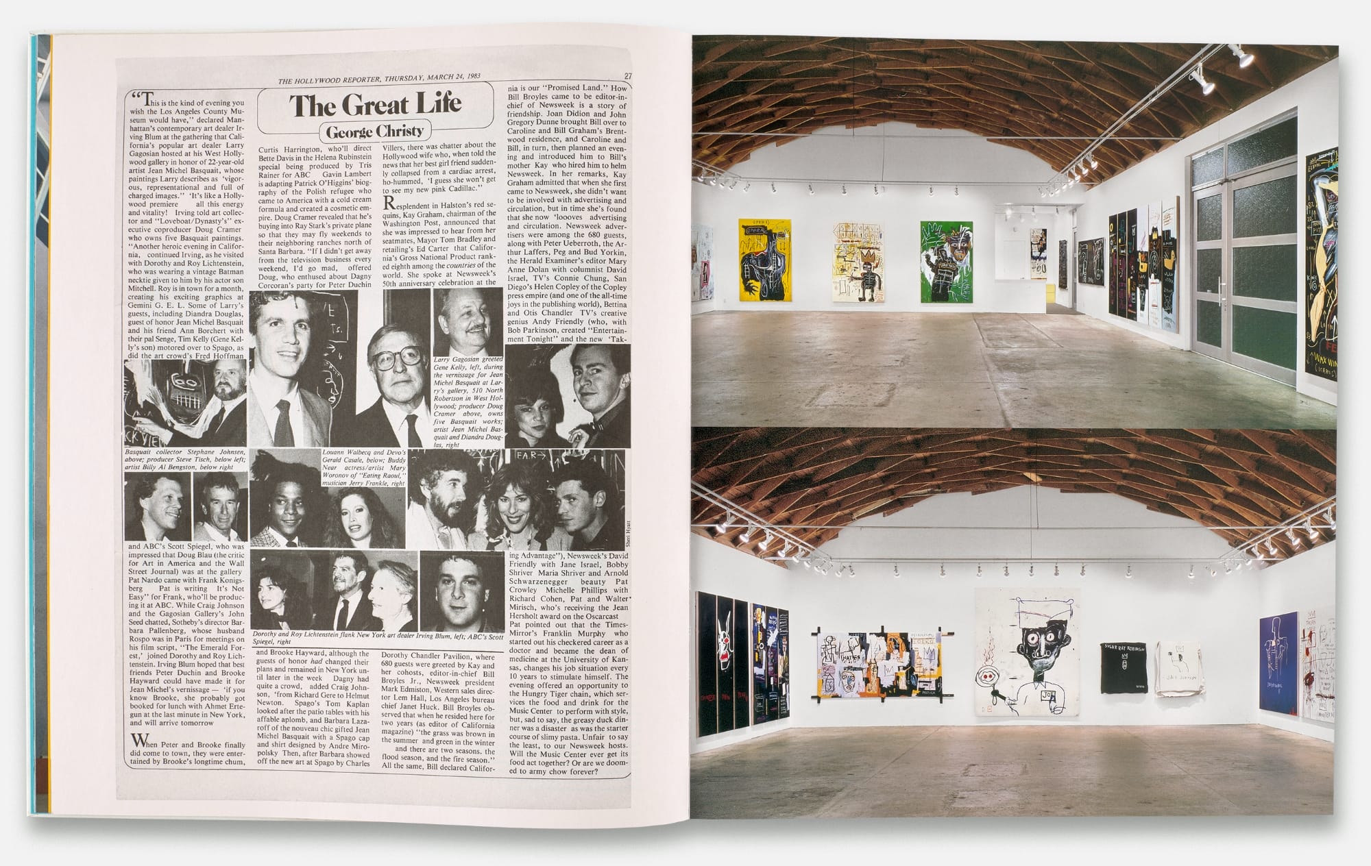 an open book spread with an archival document on the left and installation views on the right