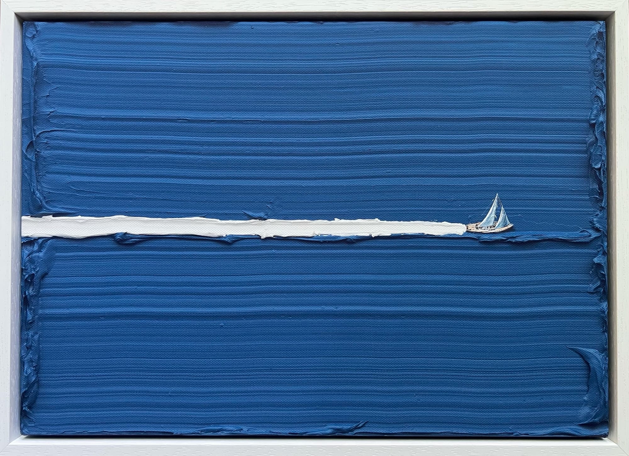 a small ship sailing on blue impasto