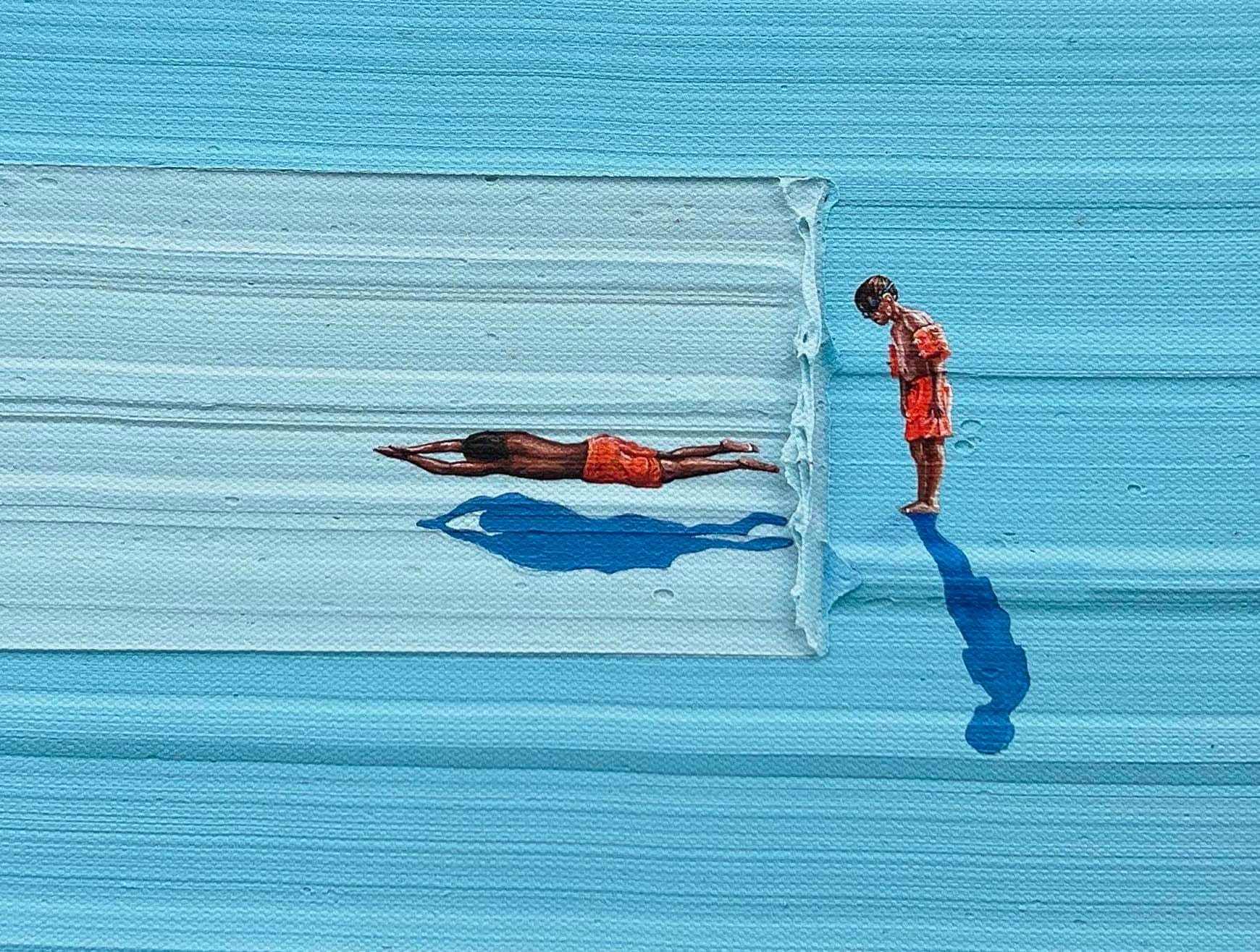 people diving into blue impasto strokes