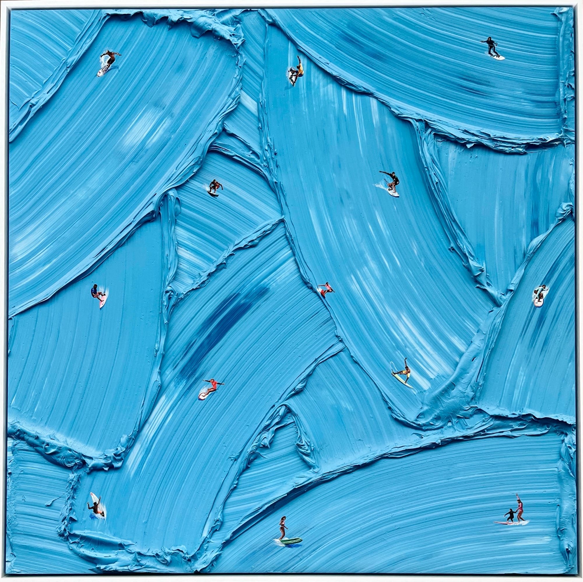 people surfing on blue impasto strokes