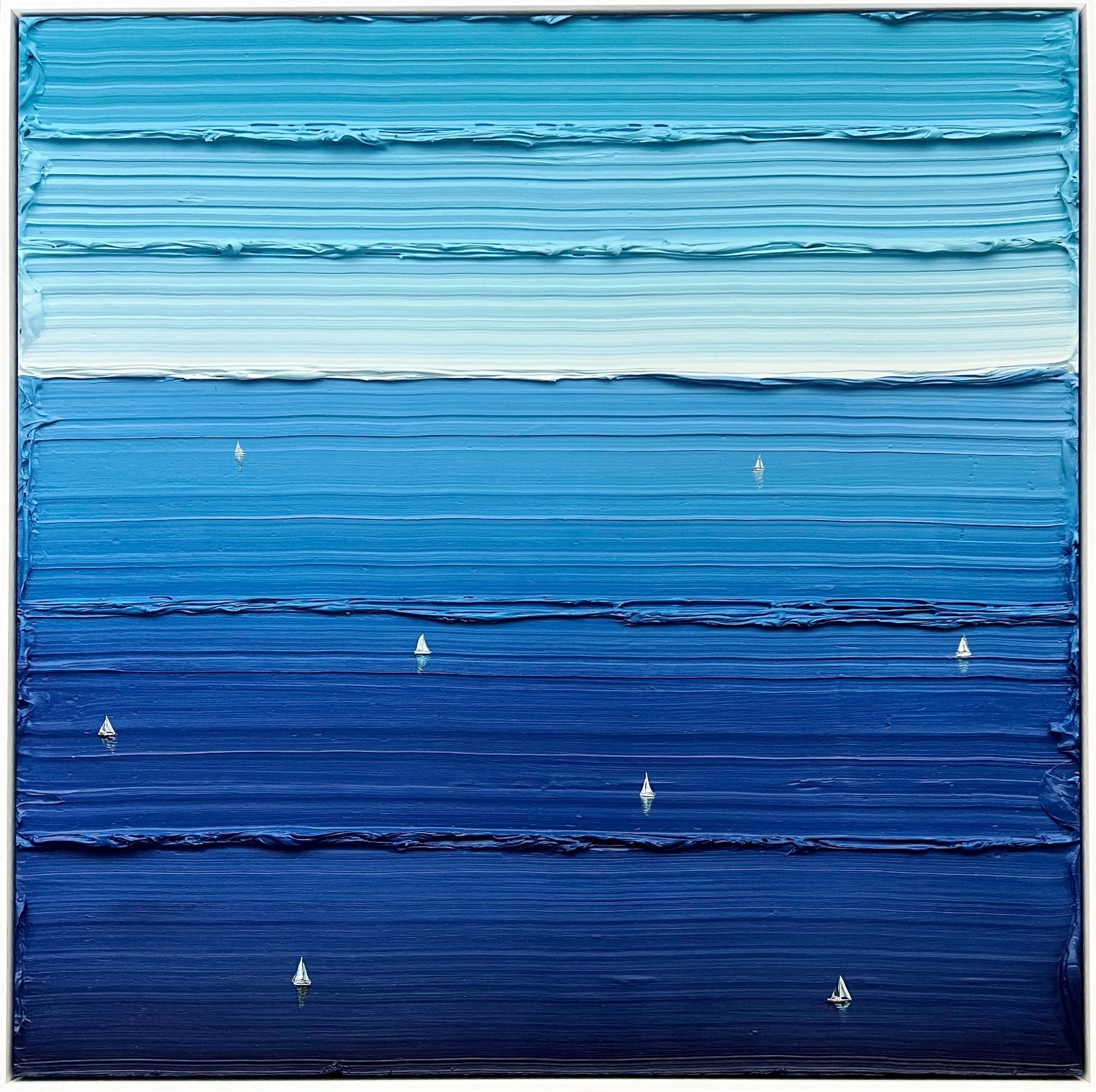 small ships sailing on blue impasto stripes
