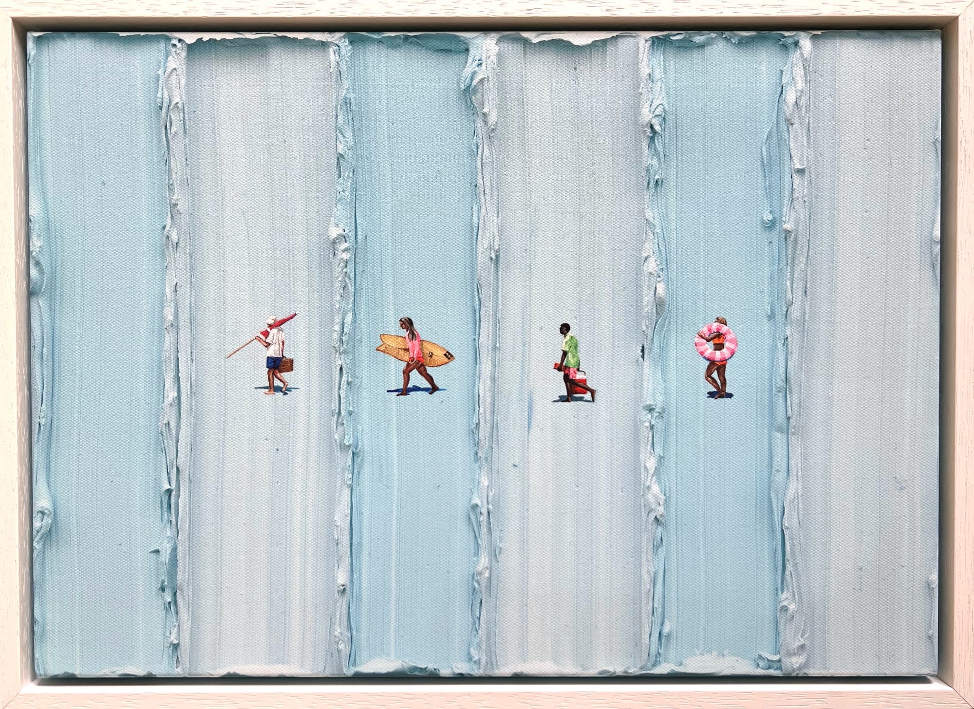 people headed to the beach on blue impasto stripes