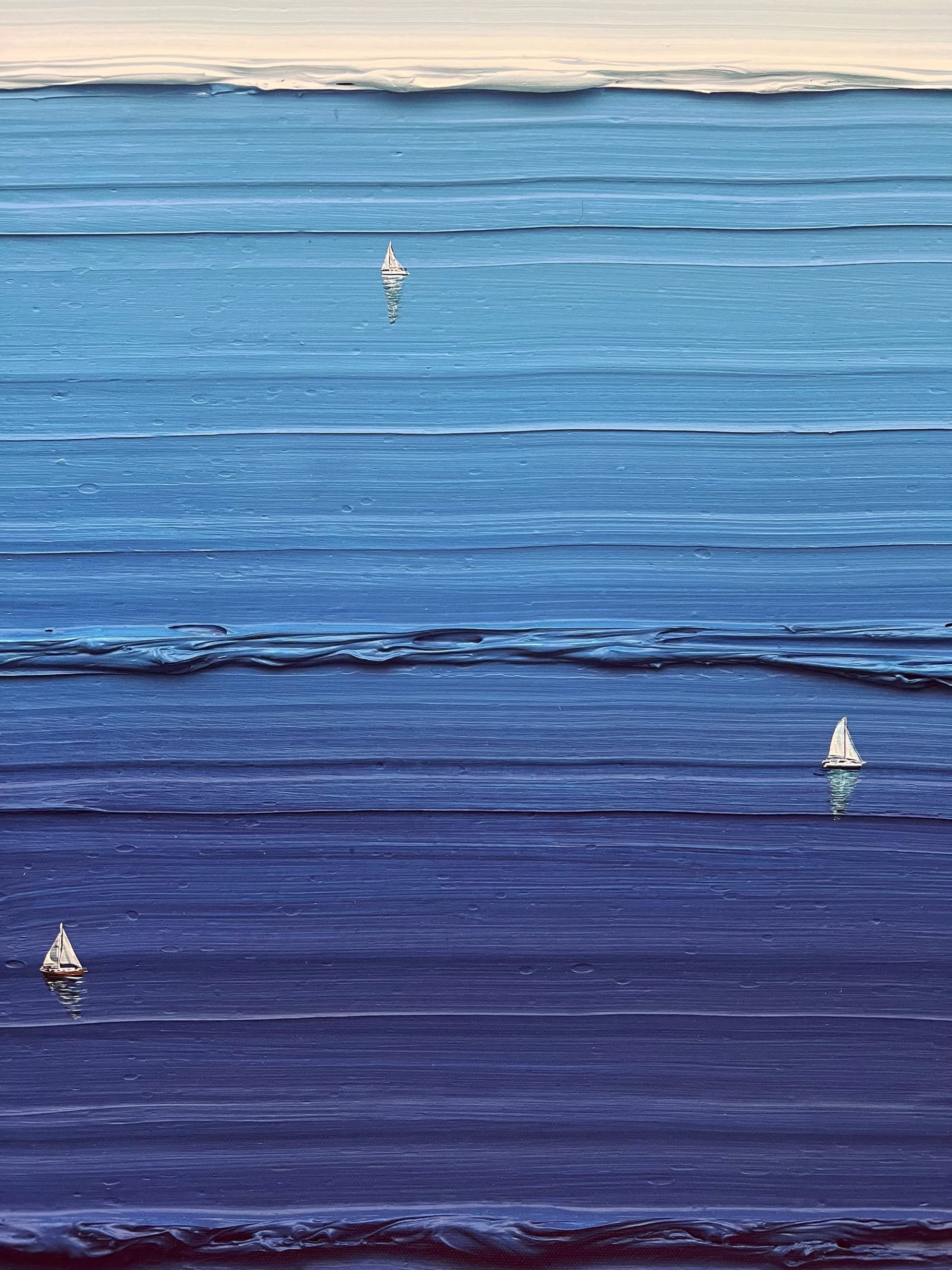 small ships sailing on blue impasto stripes