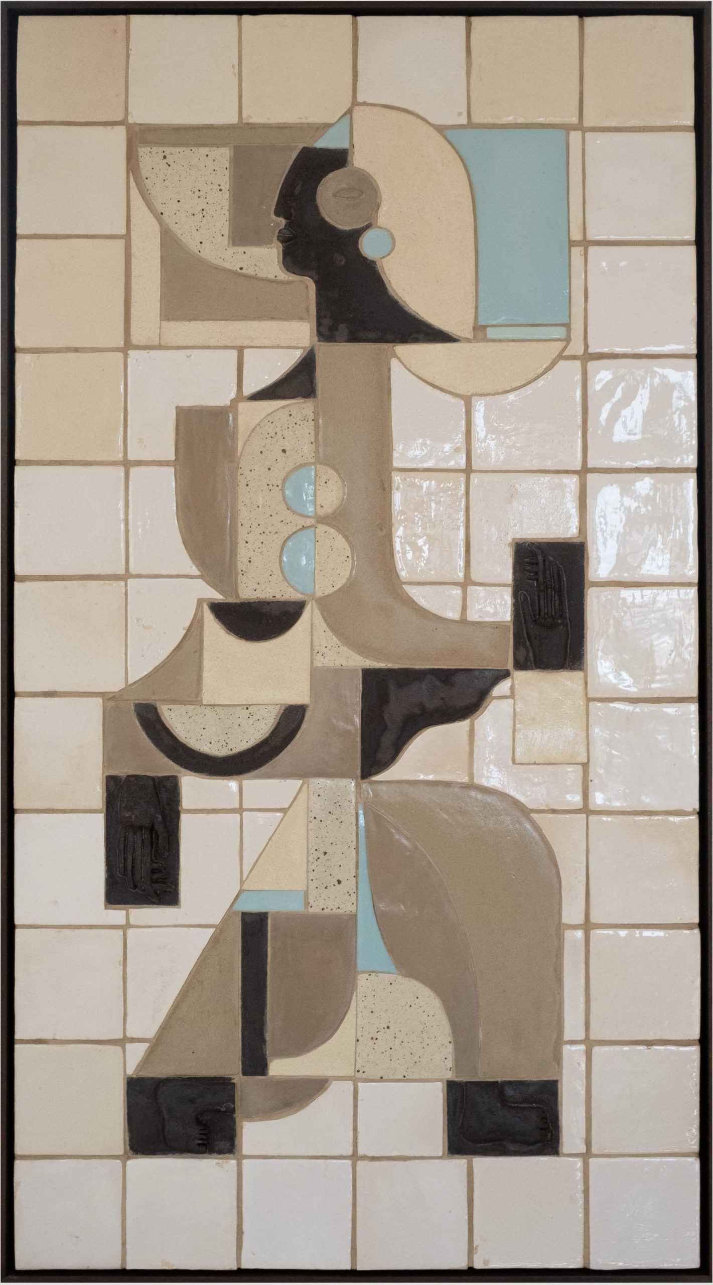 an abstract tile composition of a woman in a wooden frame