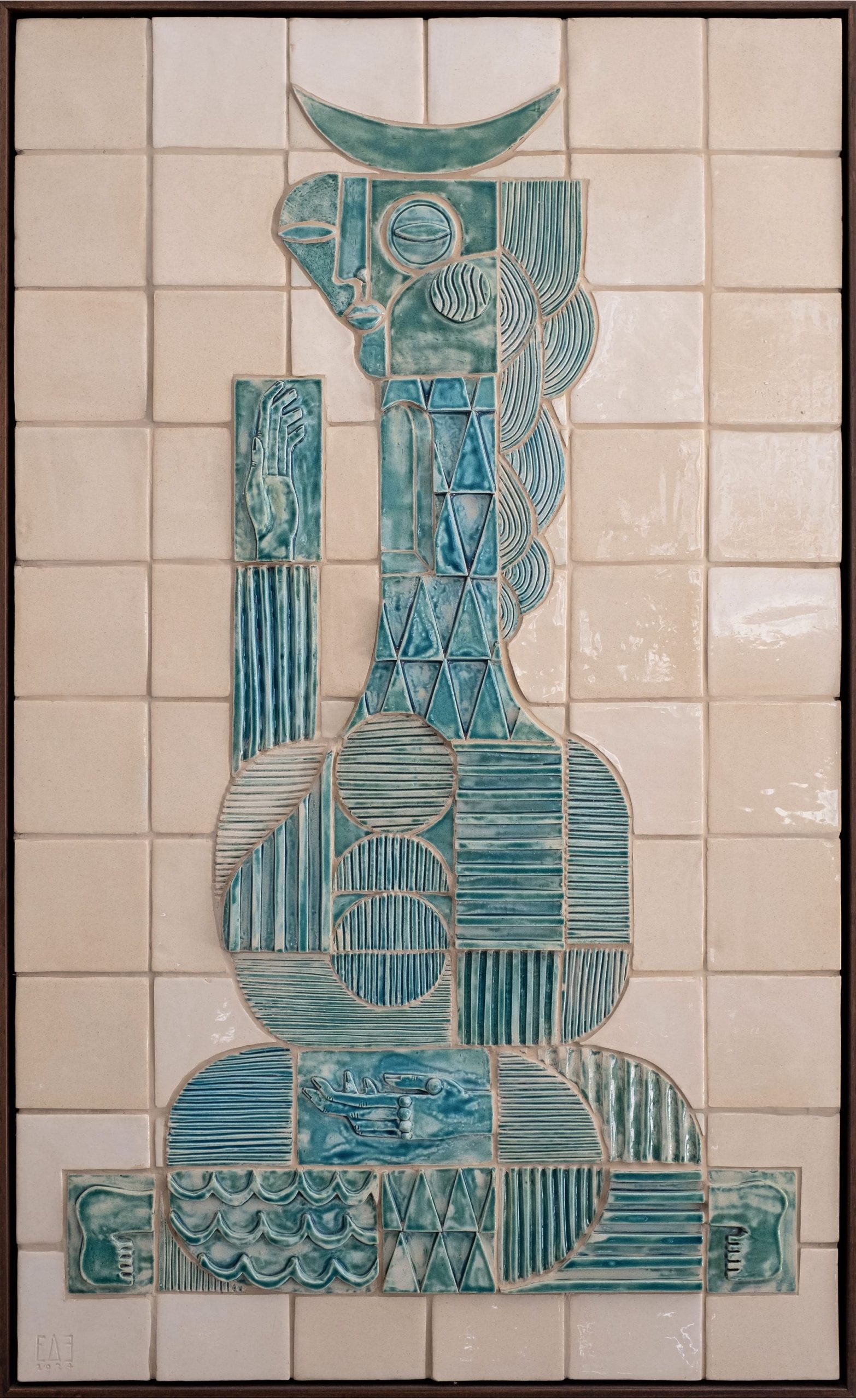 an abstract tile composition of a woman in a wooden frame