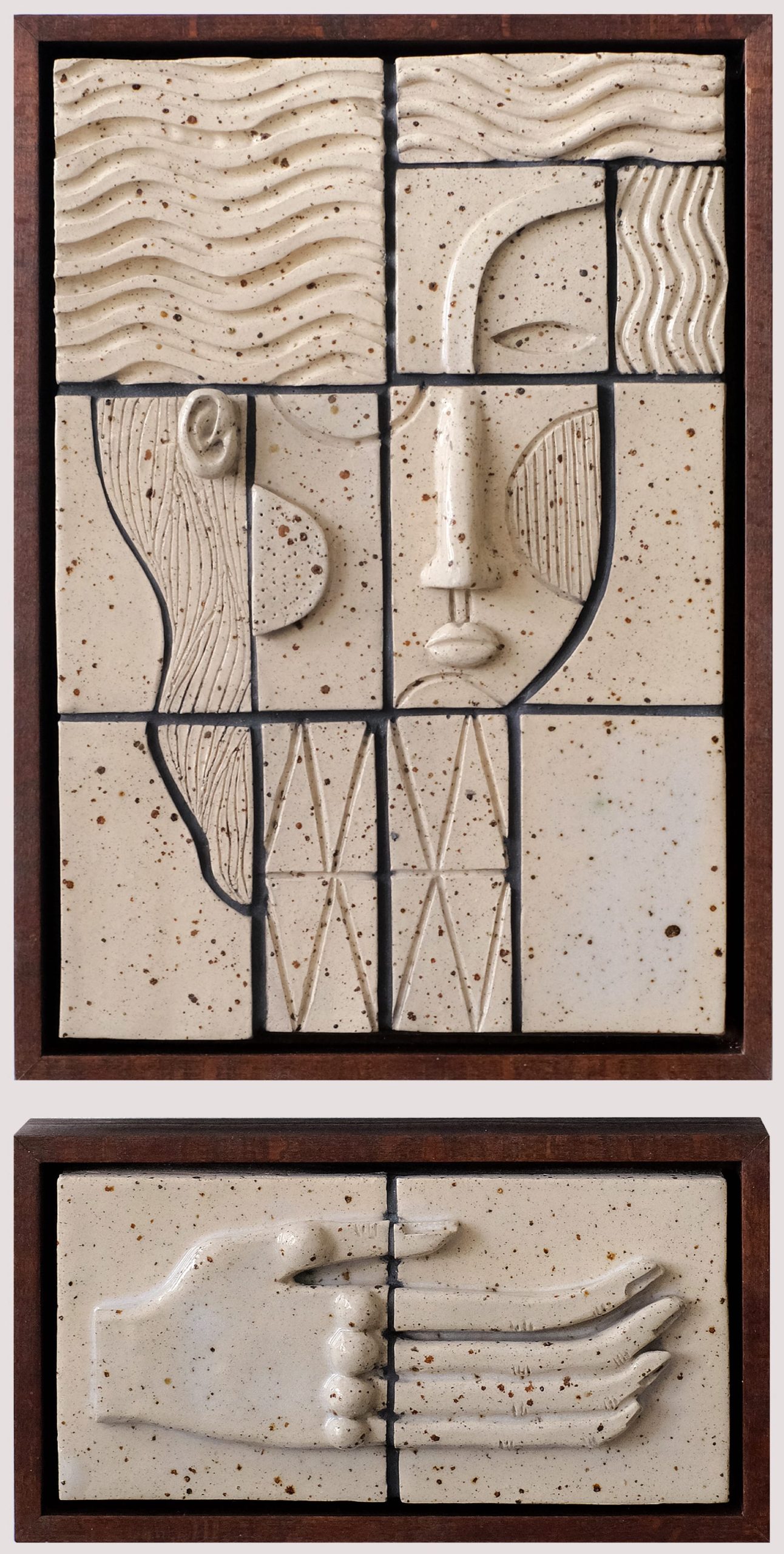a two-part abstract tile composition of a woman in a wooden frame
