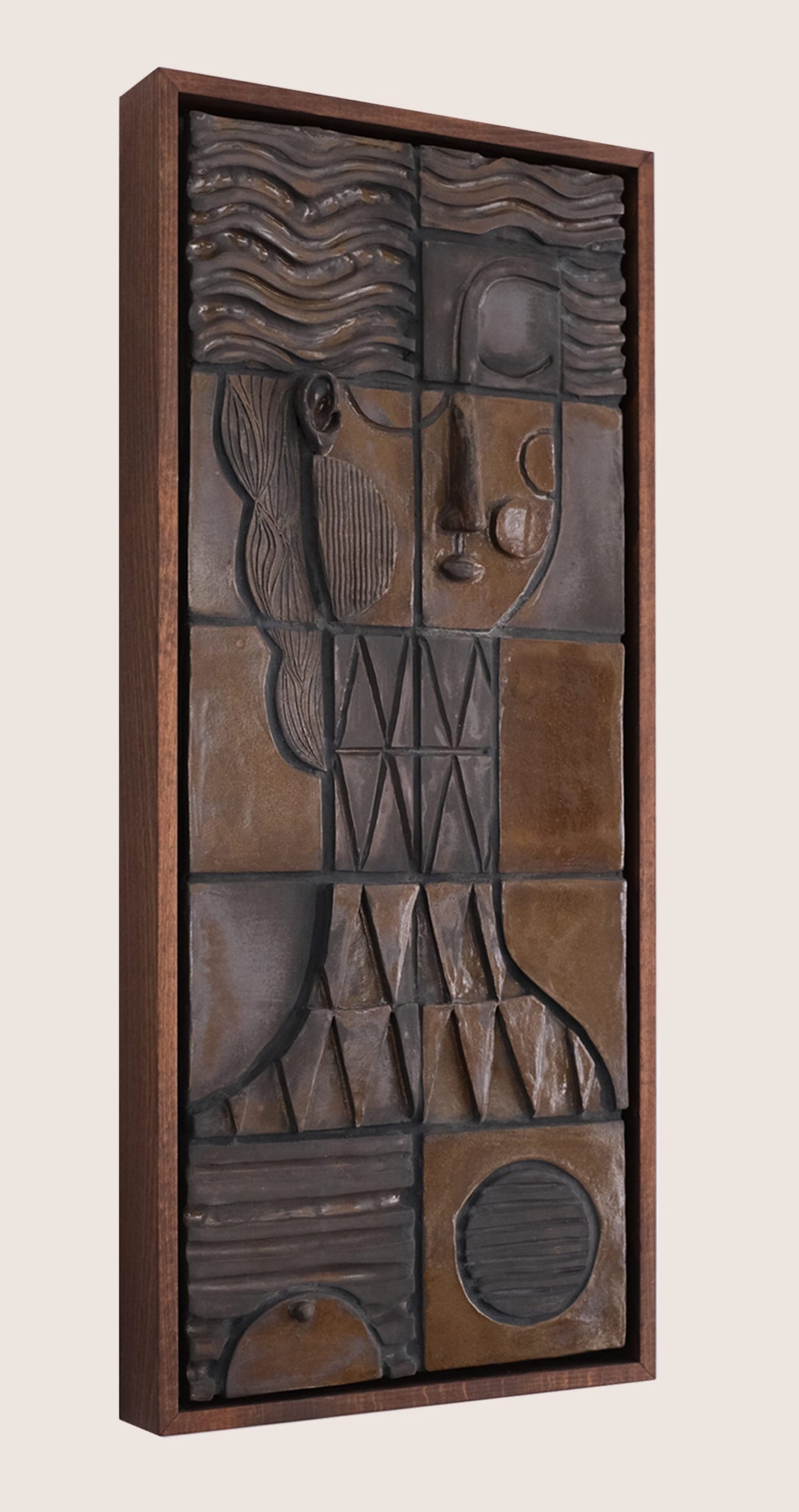 an abstract tile composition of a woman in a wooden frame