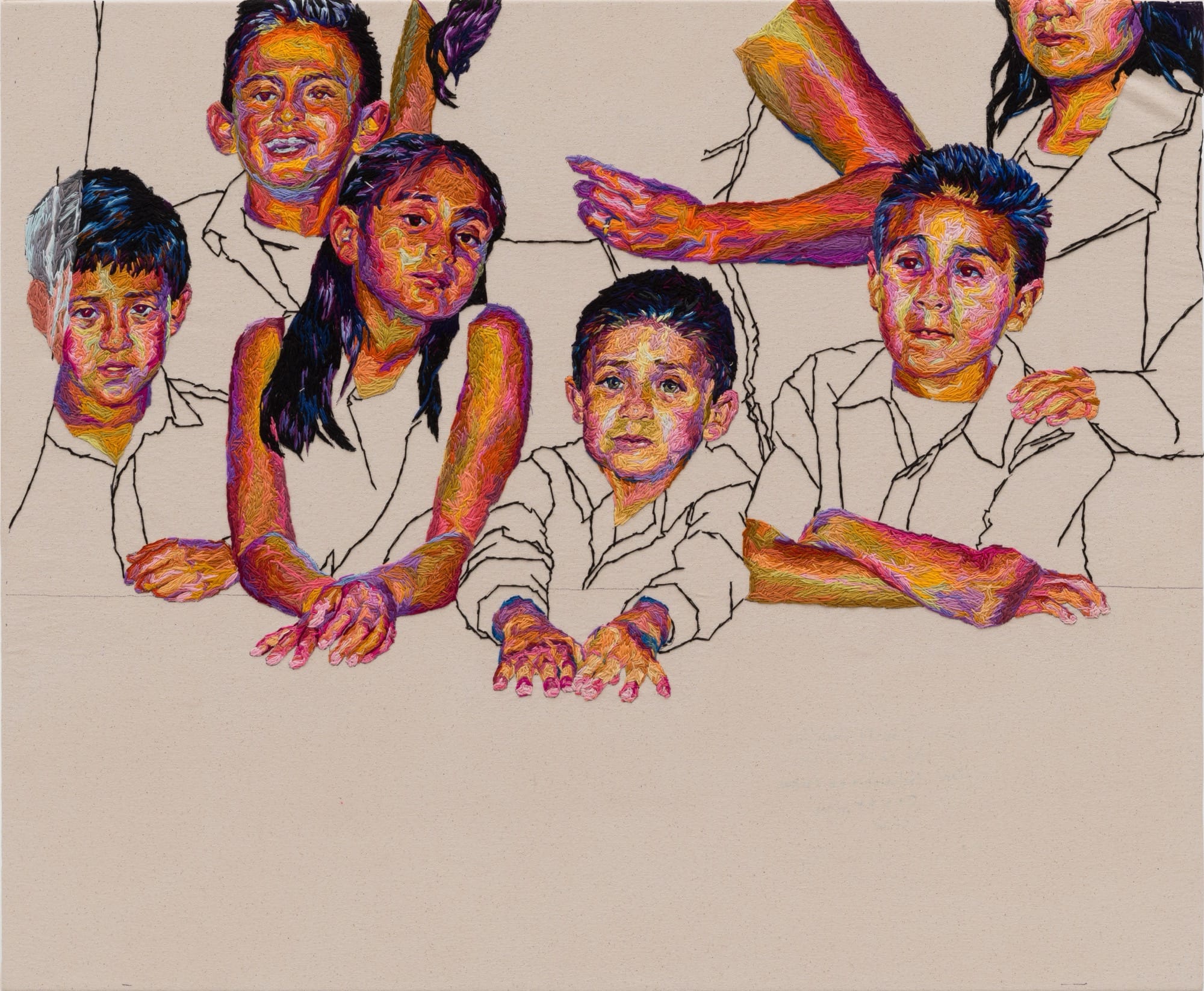 an embroidered painting of a group of children wearing white outfits