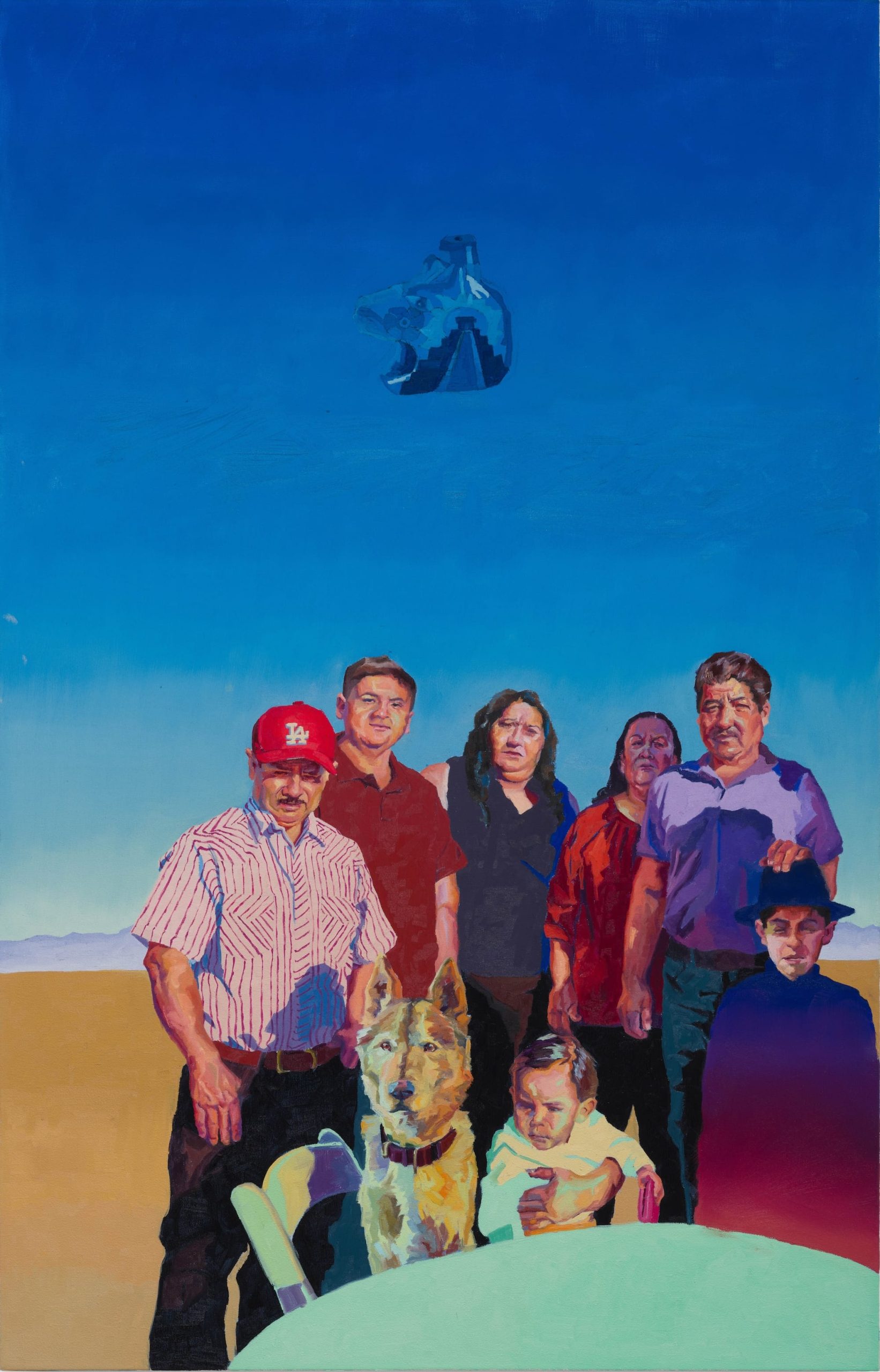 a painting of a family around a green table with a blue sky behind them and an image of a pre-Columbian pyramid