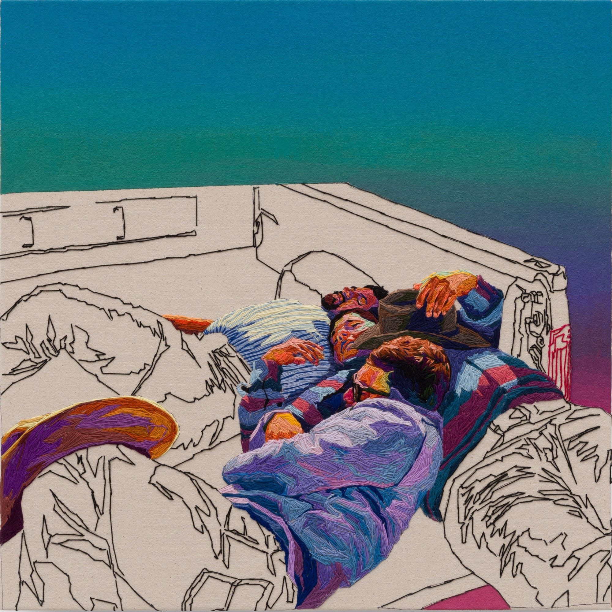 an embroidered oil painting of young men asleep in the back of a pickup truck