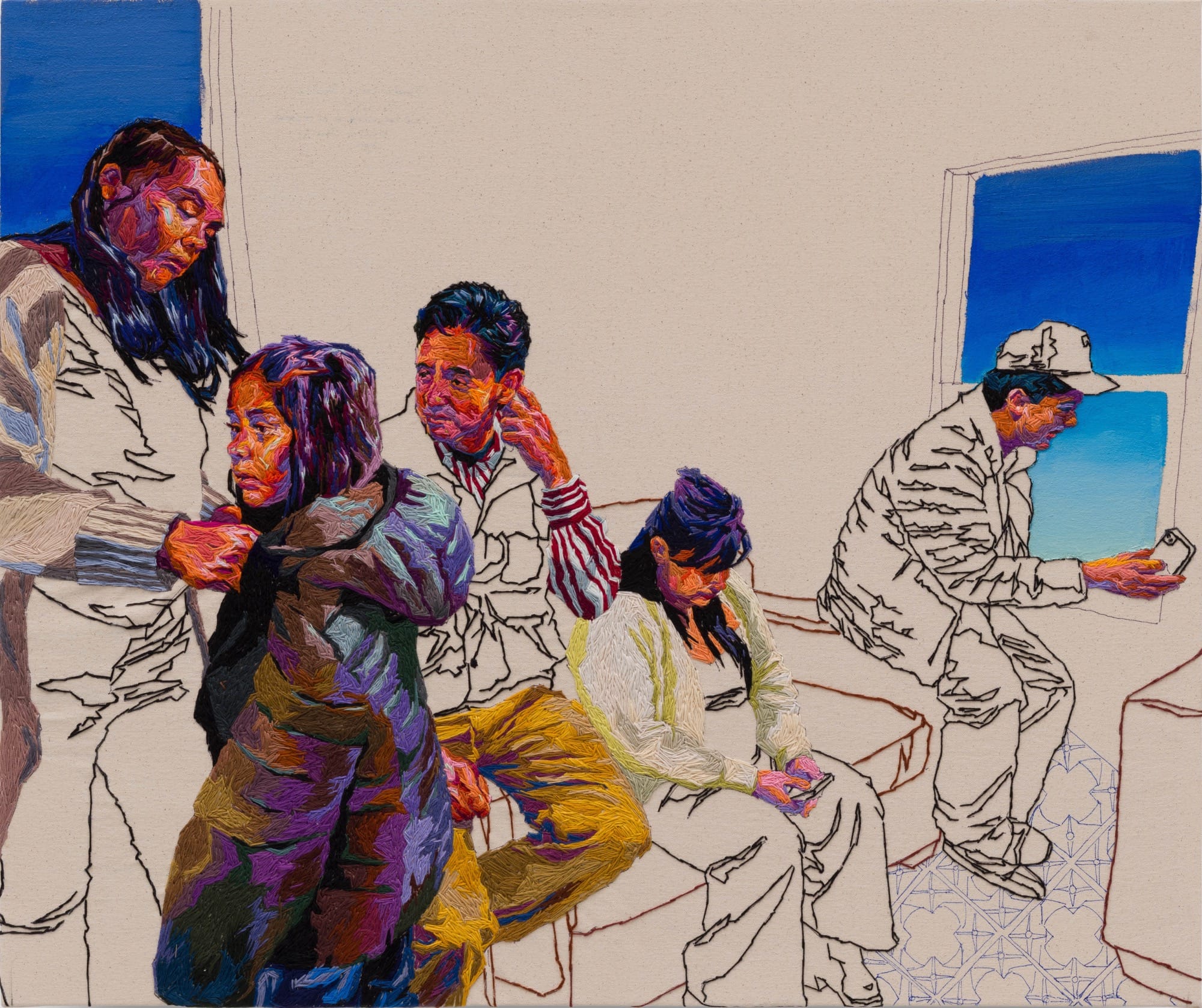 a detail of a triptych featuring a family gathered in a room around a couch