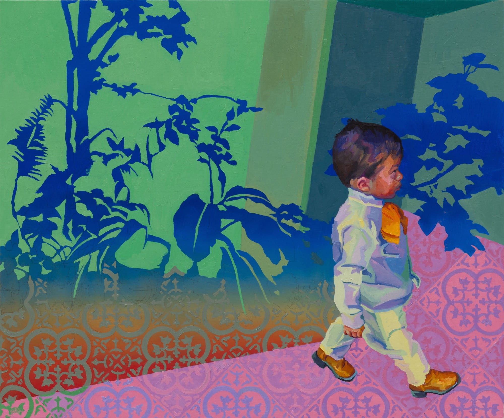 a painting of a young child in a white outfit, walking near a colorful abstract scene of blue plants on a bright green background