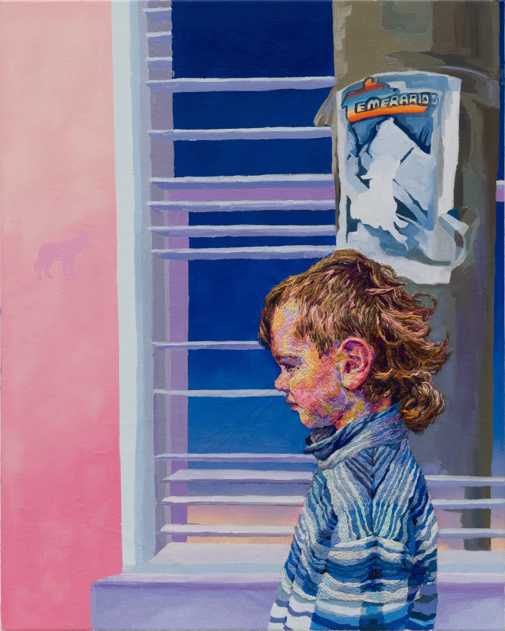 a painting of a young child walking near a window