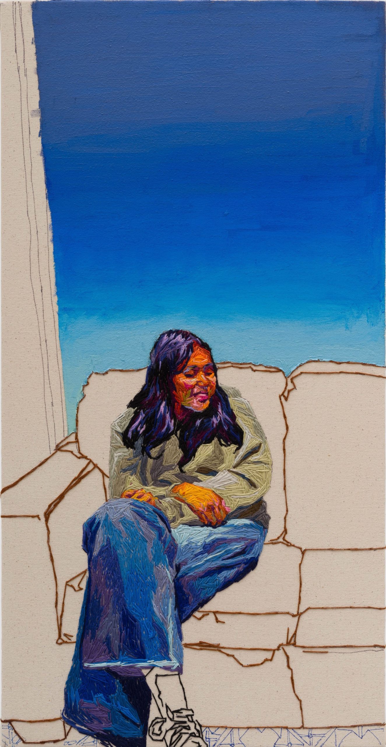 a tall vertical painting, part of a triptych, featuring a young woman seated on a couch