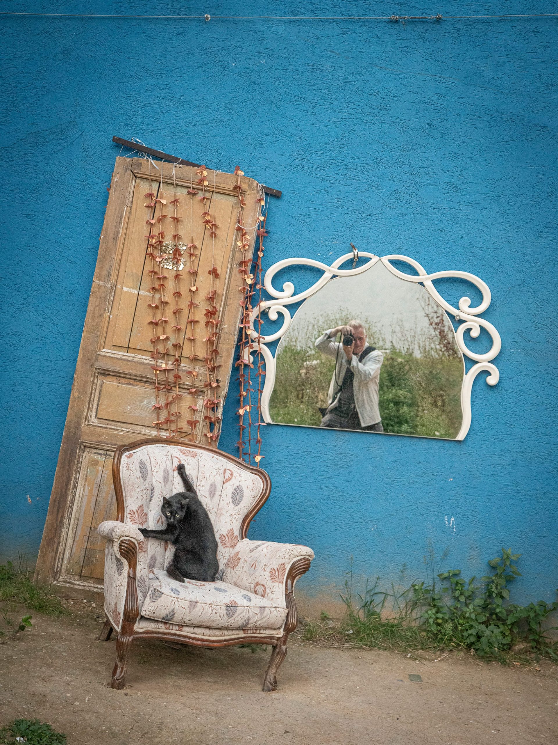 a cat claws on a chair sitting outside against a blue wall, next to a mirror and a detached door