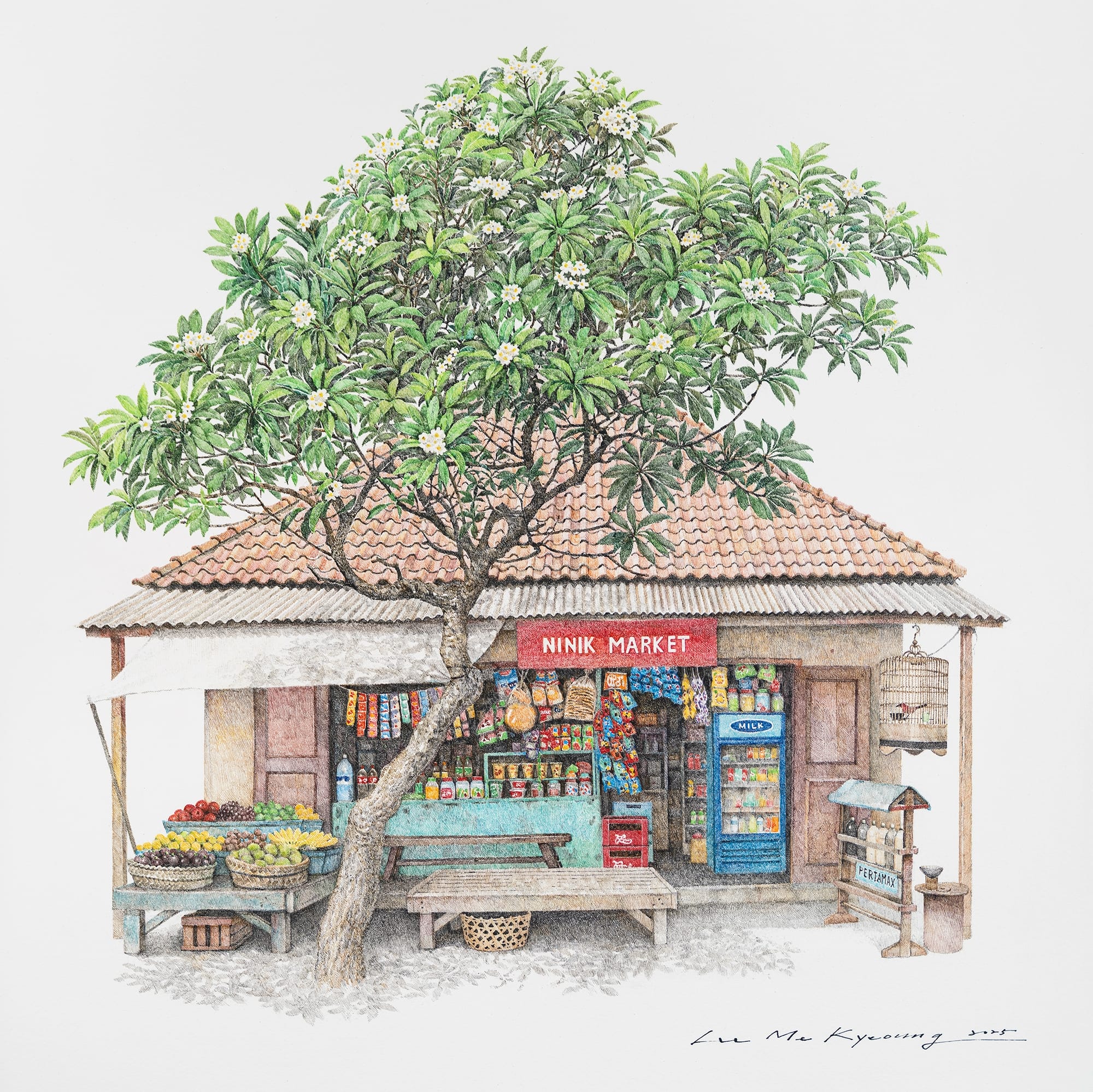 a delicate drawing of a small shop with a tree