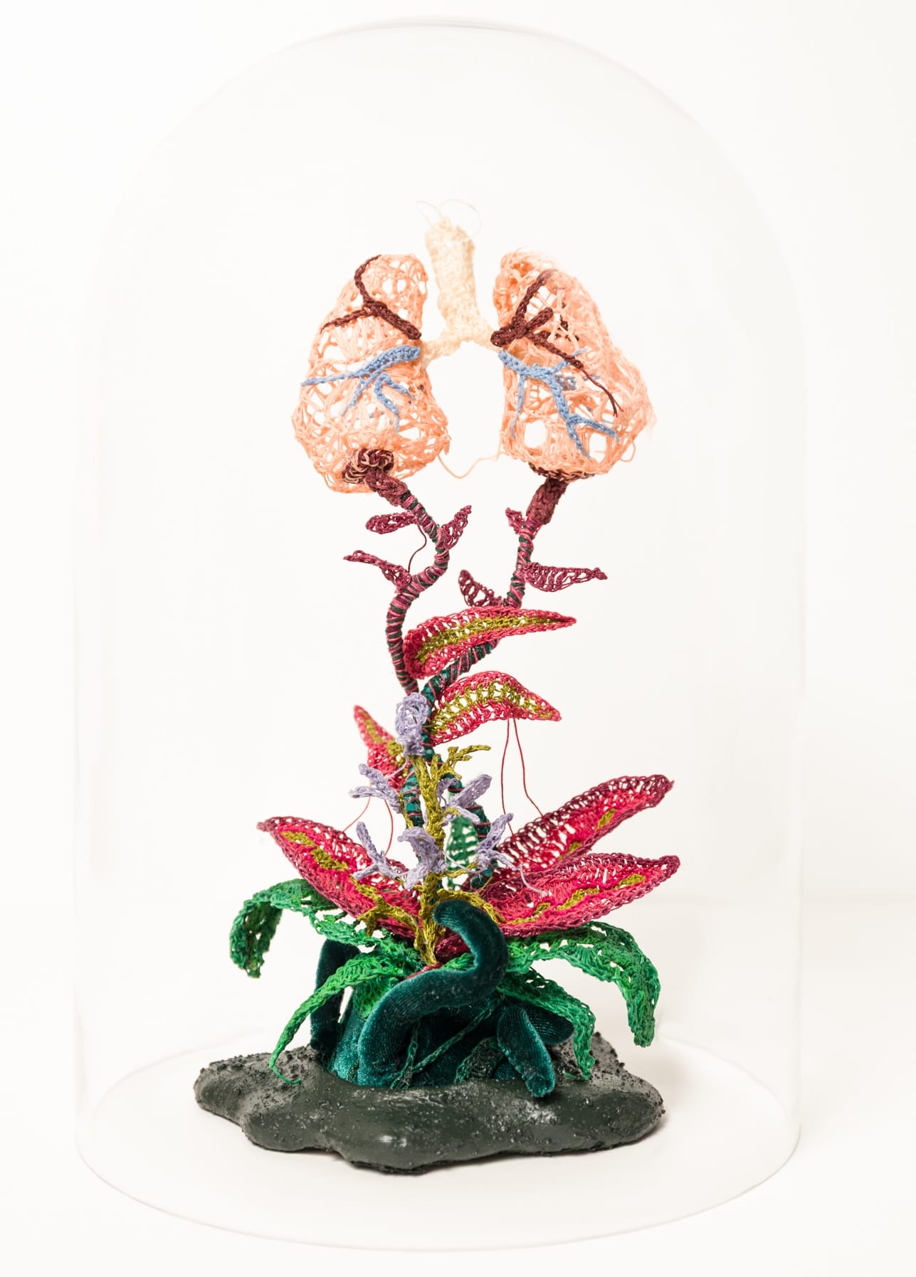 a crocheted sculpture of a pair of lungs growing from an otherworldly plant
