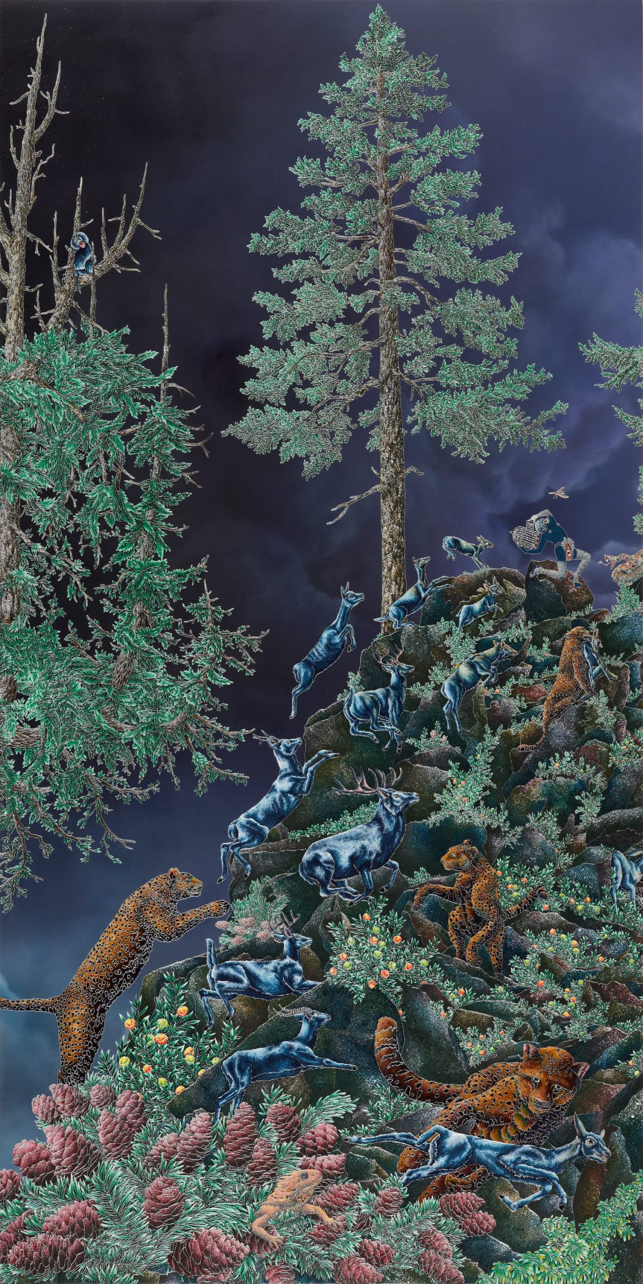 a long panel with trees and animals