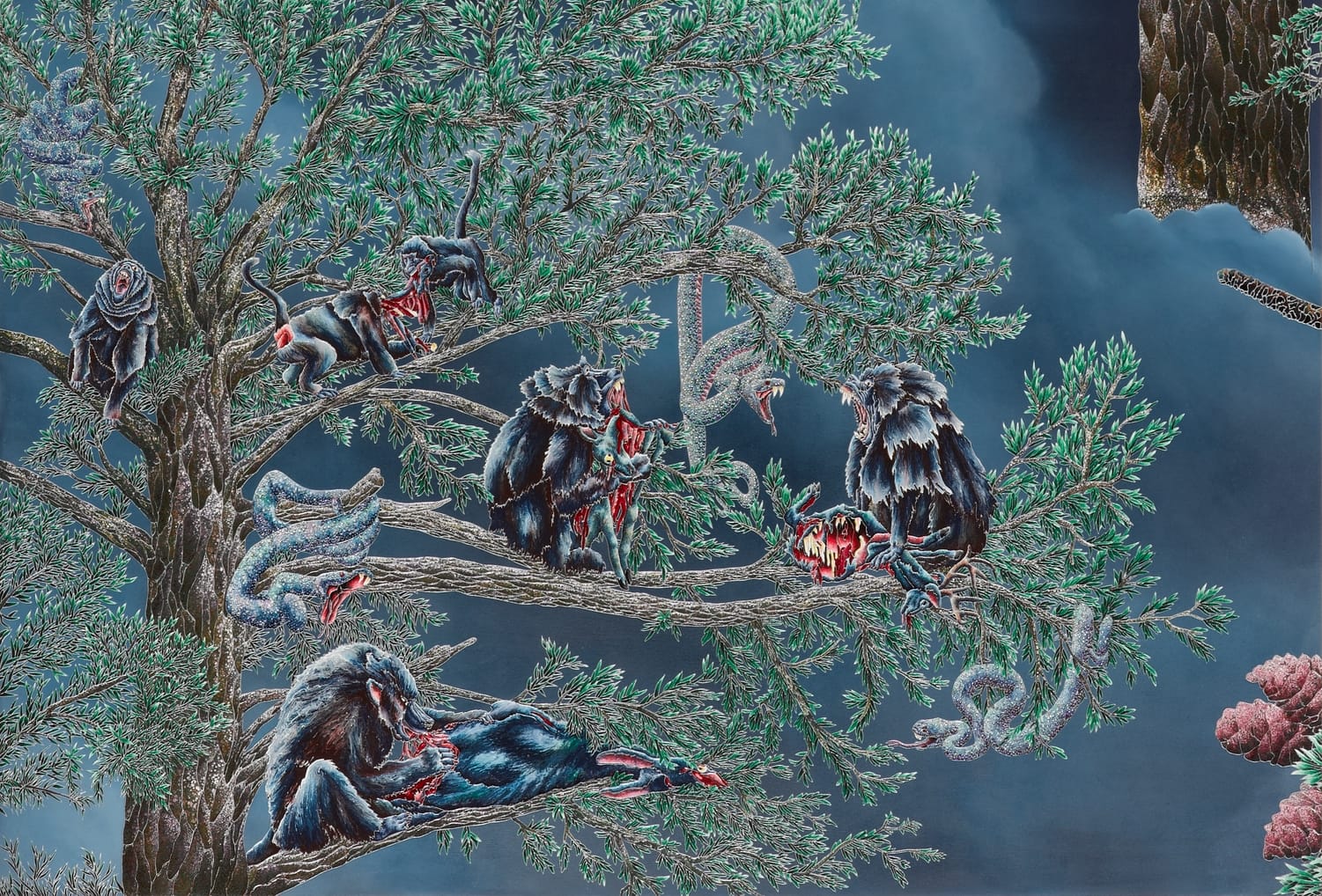 a detail image of primates in a tree