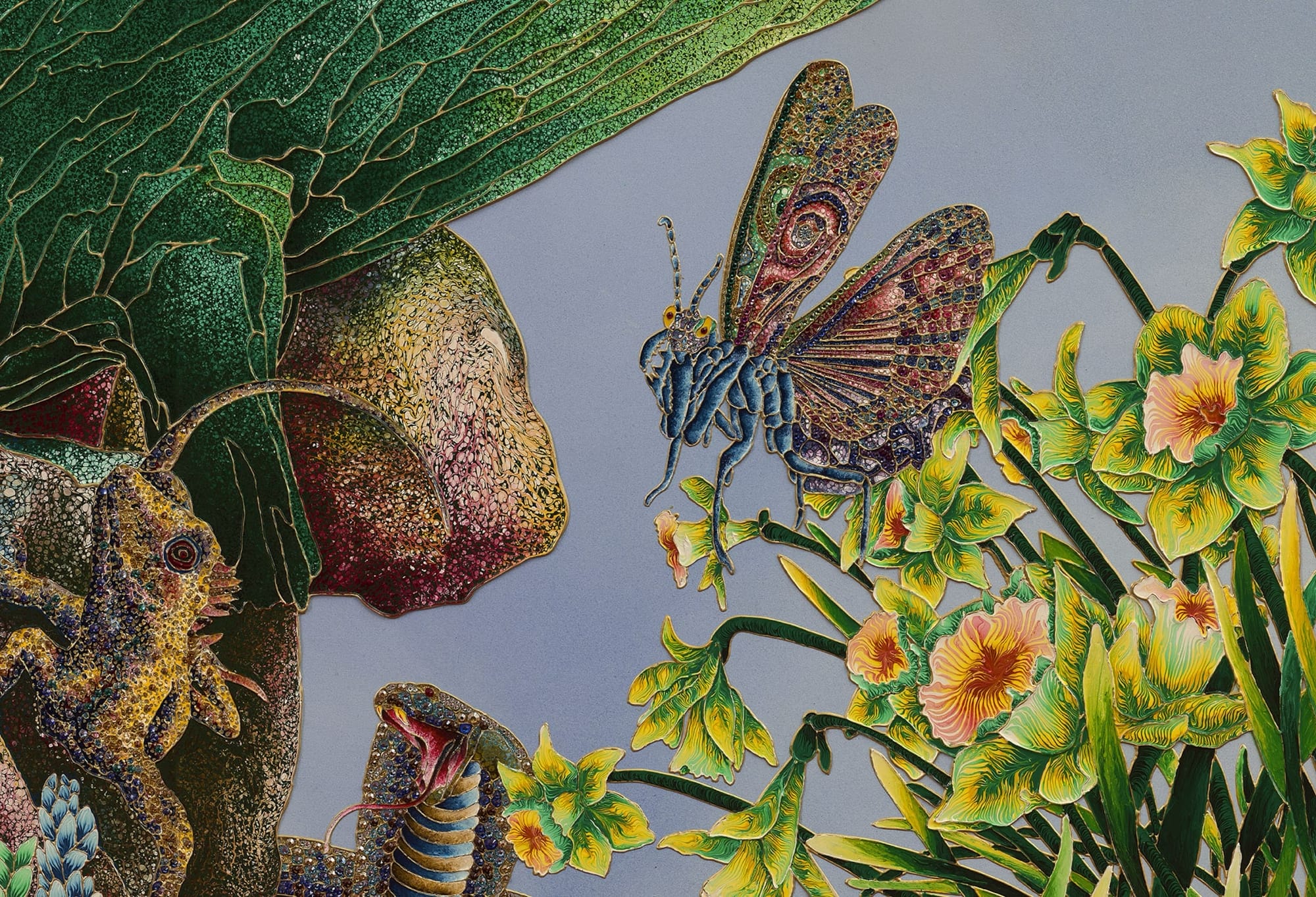 a dazzling detail of an insect and flowers