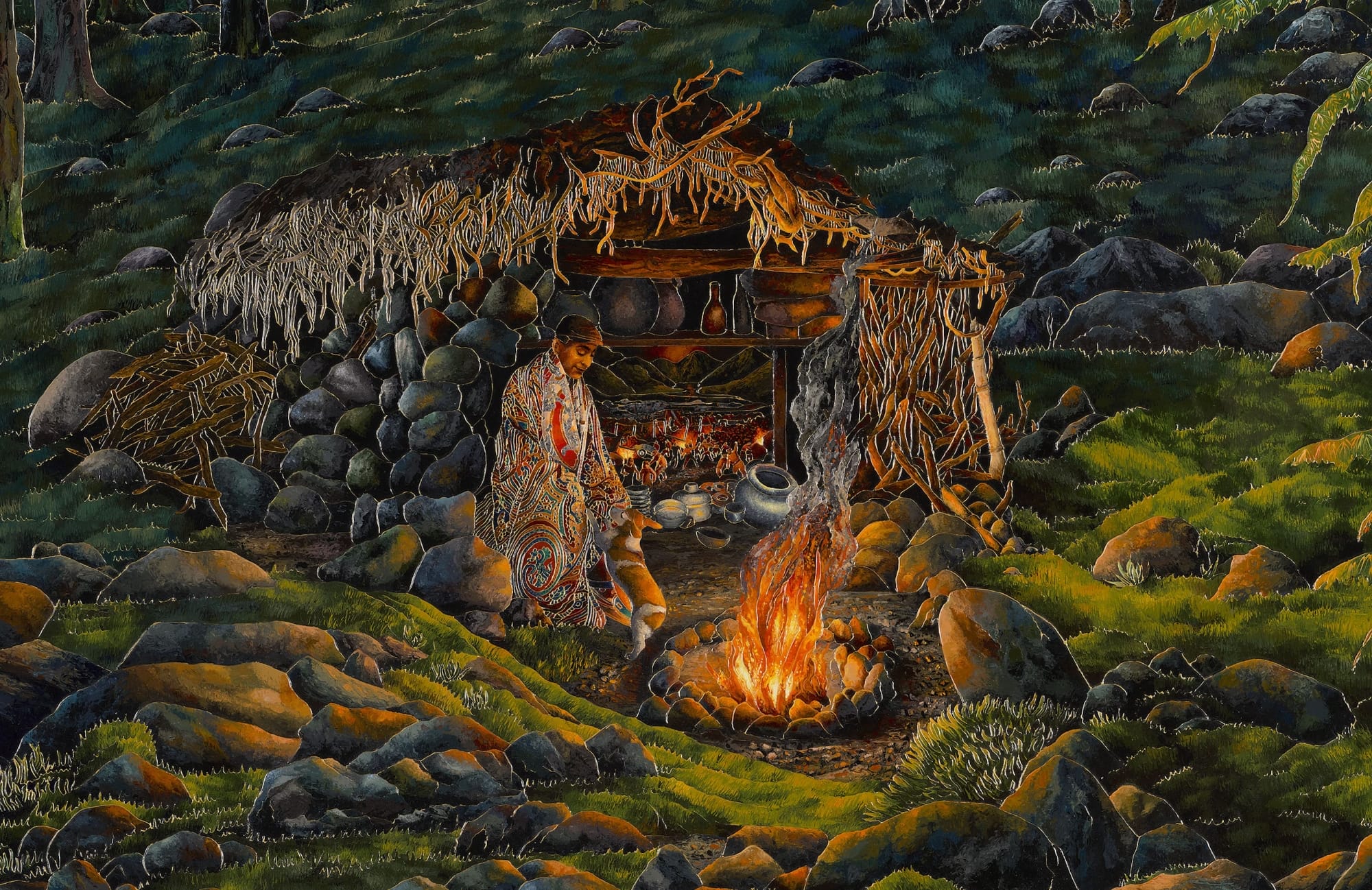 a person and a dog by a fire and small hut
