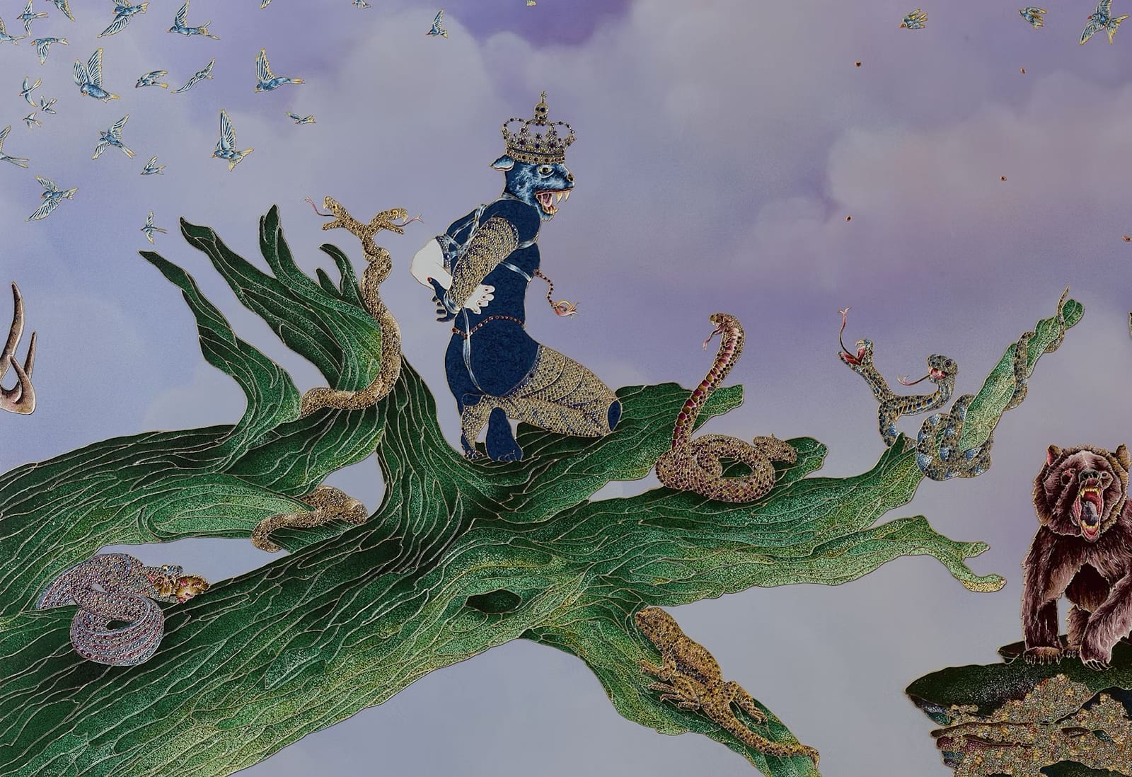 a painting of a figure with his hands tied behind his back surrounded by snakes