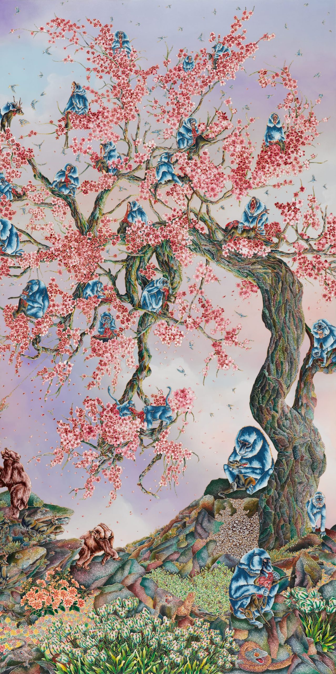 a long panel with flowering cherry trees and animals