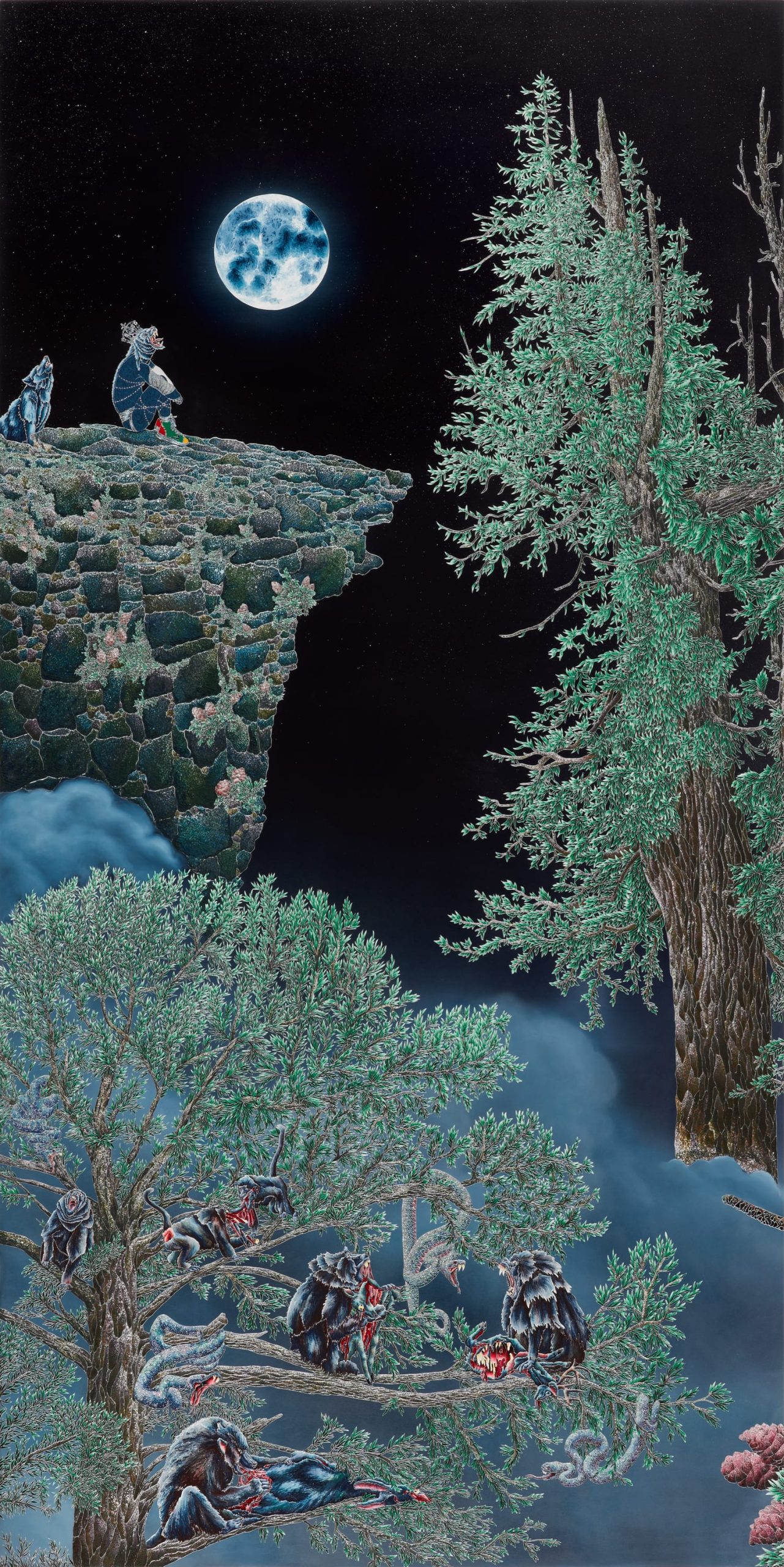 a long panel with trees and animals