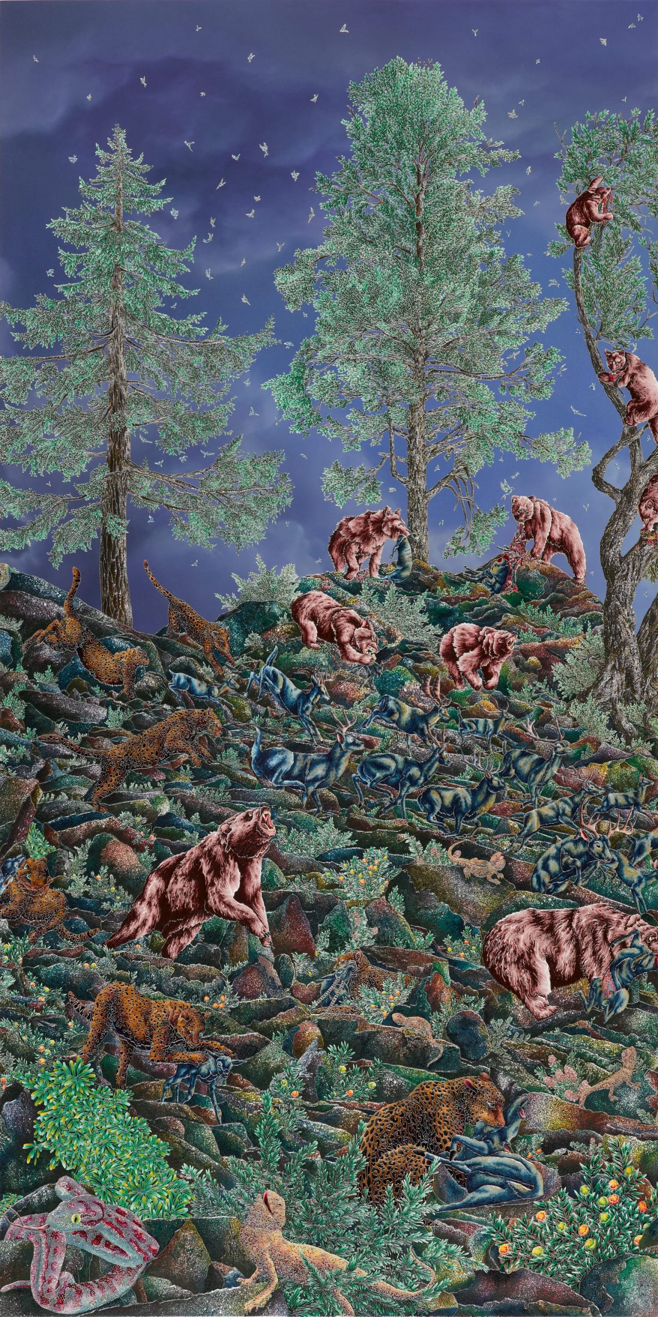 a long panel with trees and animals
