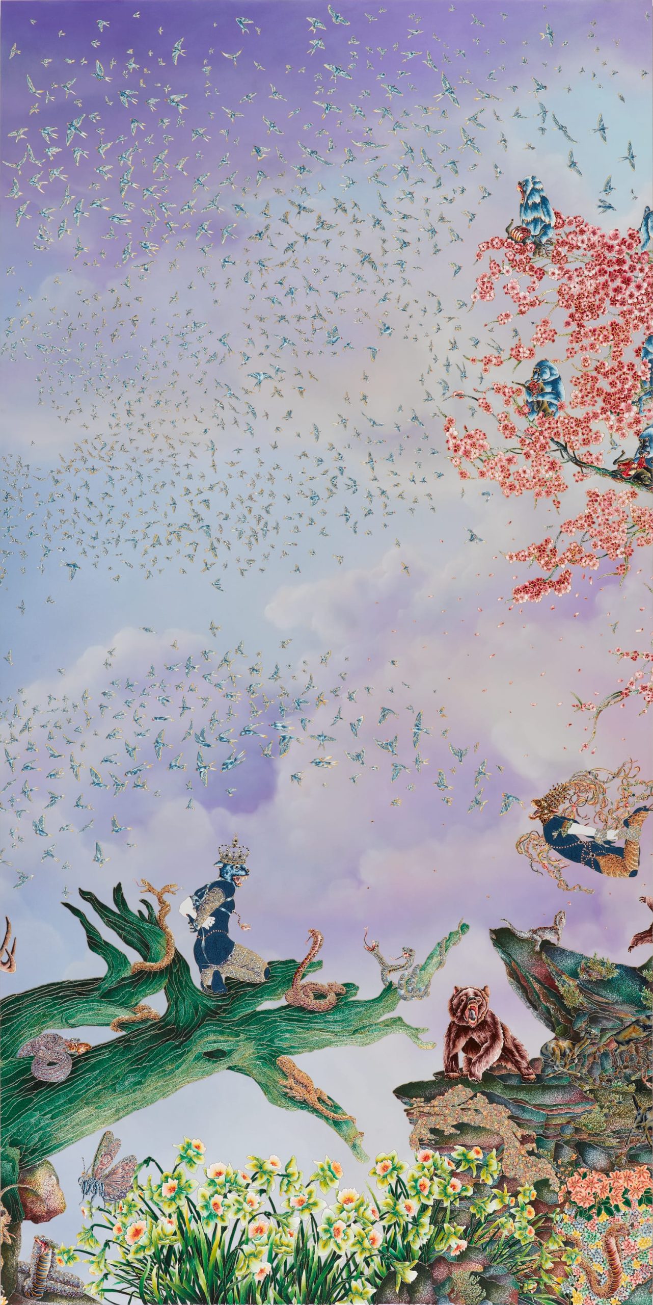 a long panel with trees and animals