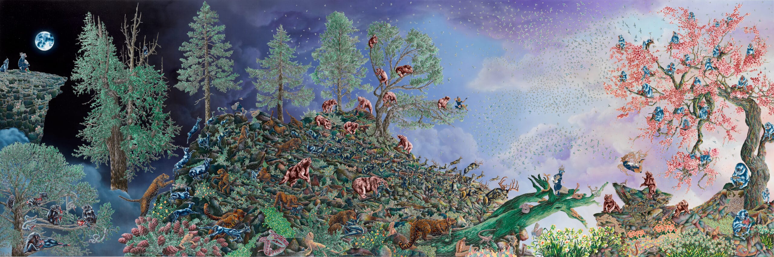 a panoramic work with forests, trees, night and day